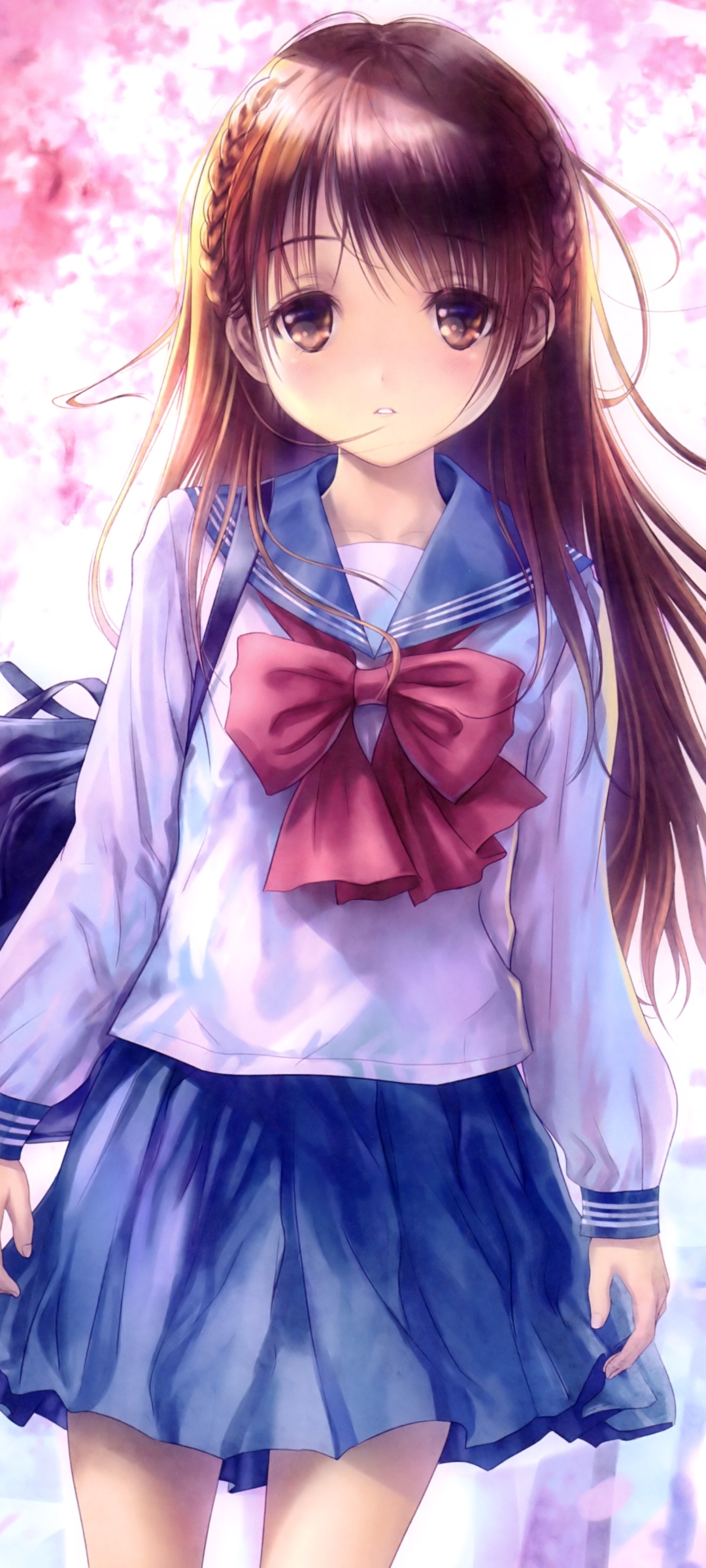 Download mobile wallpaper Anime, Original, Blush, Brown Eyes, Long Hair, Brown Hair, Bow (Clothing) for free.