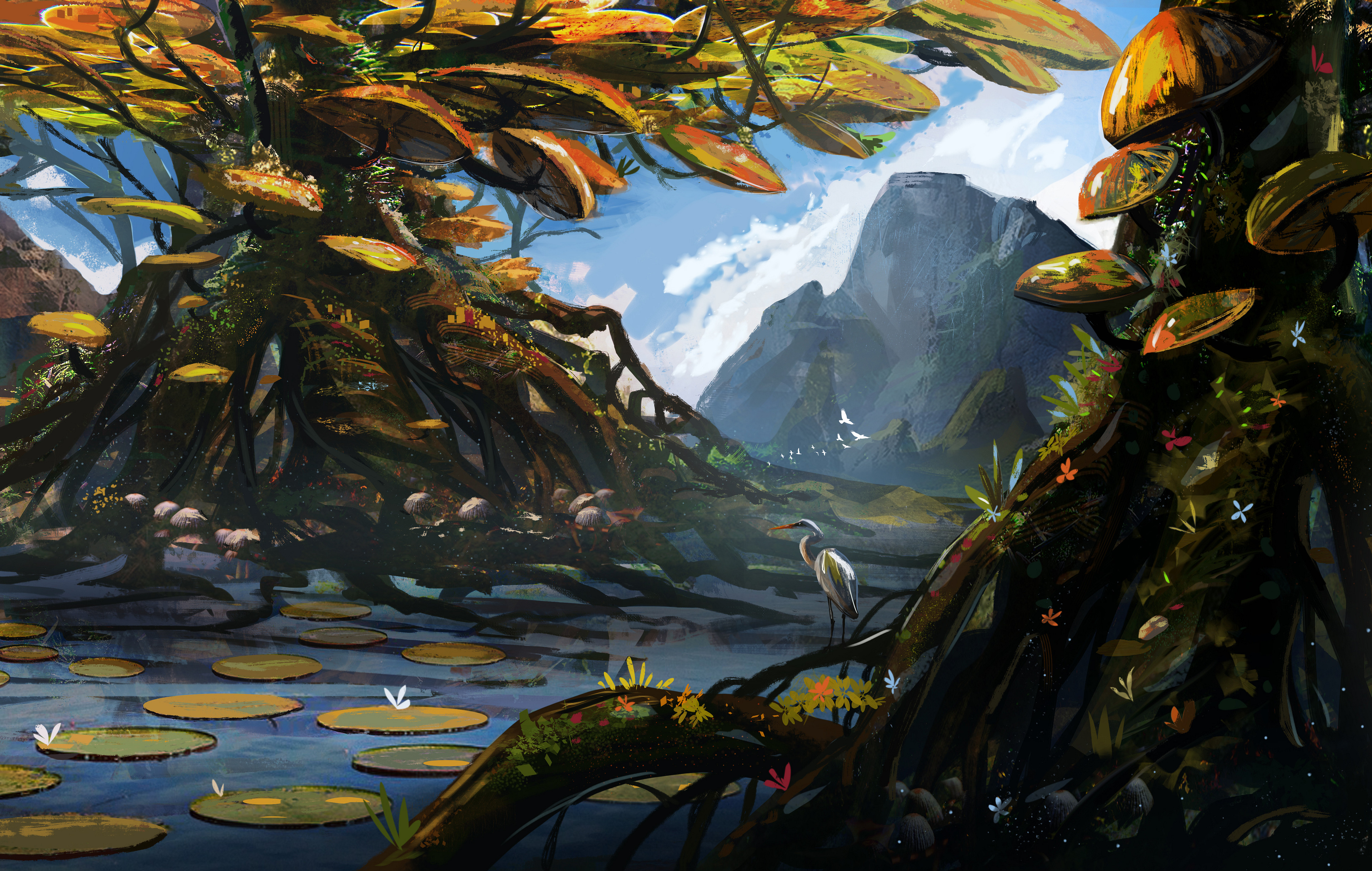 Free download wallpaper Rivers, Mountains, Heron, Bird, Wood, Tree, Roots, Art on your PC desktop