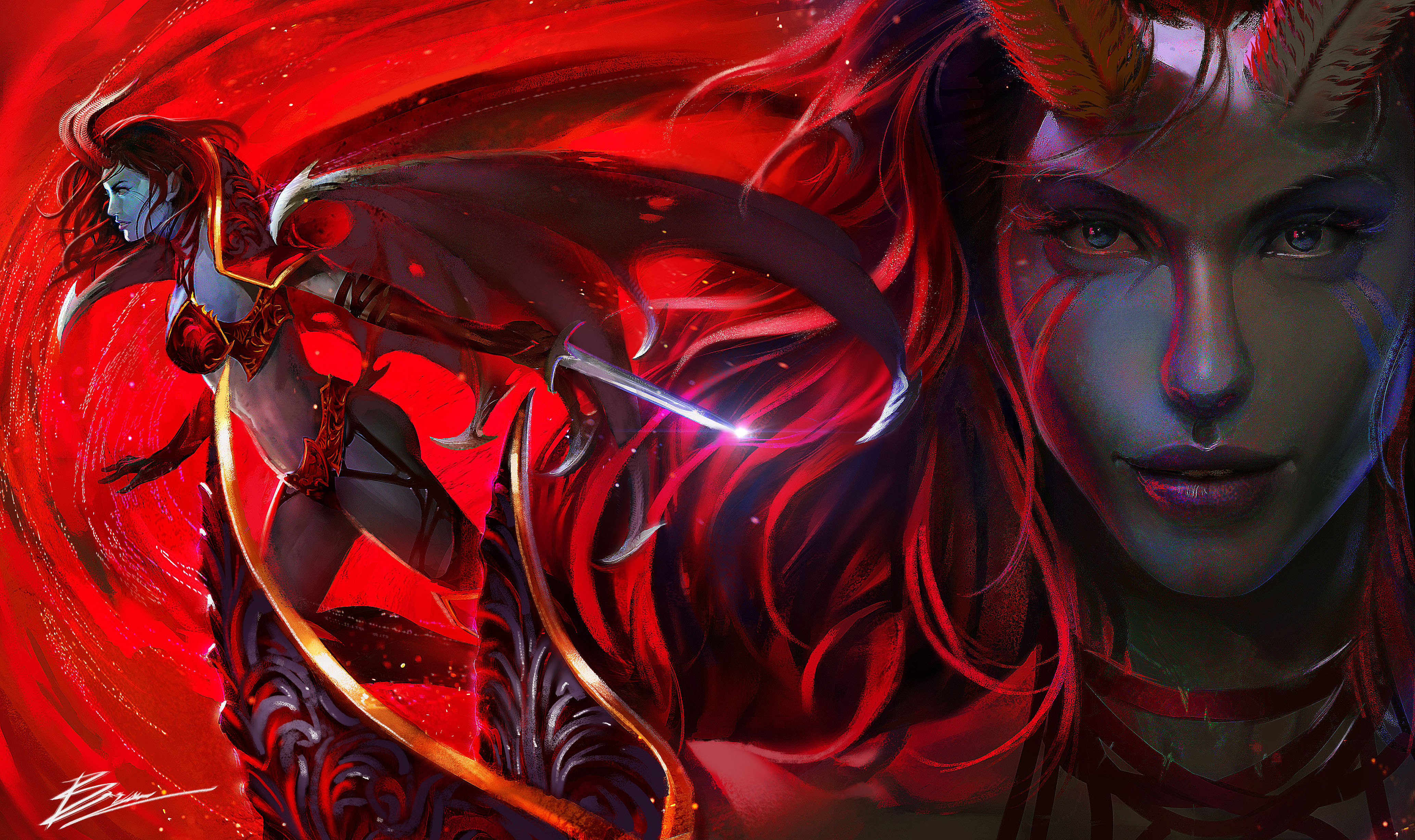 queen of pain (dota 2), red, video game, dota 2, fantasy, horns, woman warrior, dota