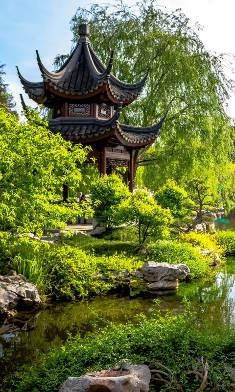 Download mobile wallpaper Bush, Tree, Pagoda, Pond, Man Made, Japanese Garden for free.