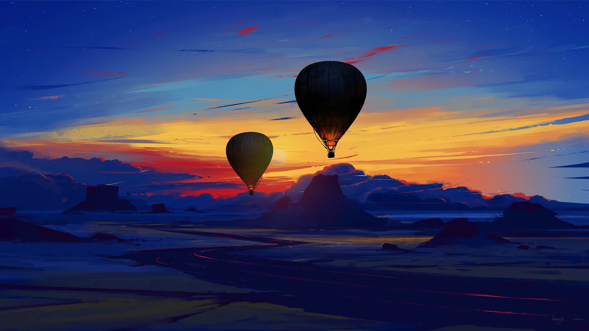 PCデスクトップに日没, 空, 乗り物, 熱気球画像を無料でダウンロード
