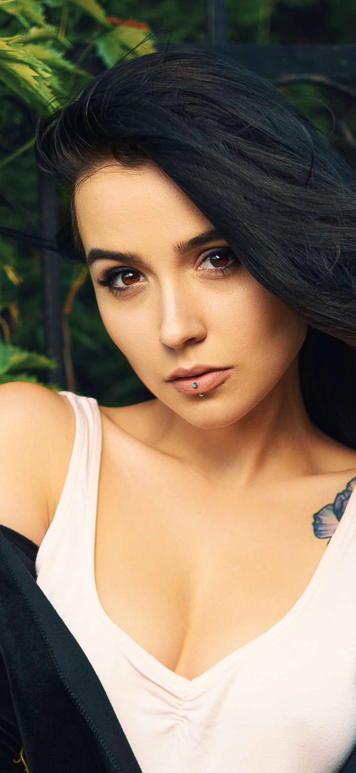 Download mobile wallpaper Tattoo, Model, Women, Brown Eyes, Black Hair for free.