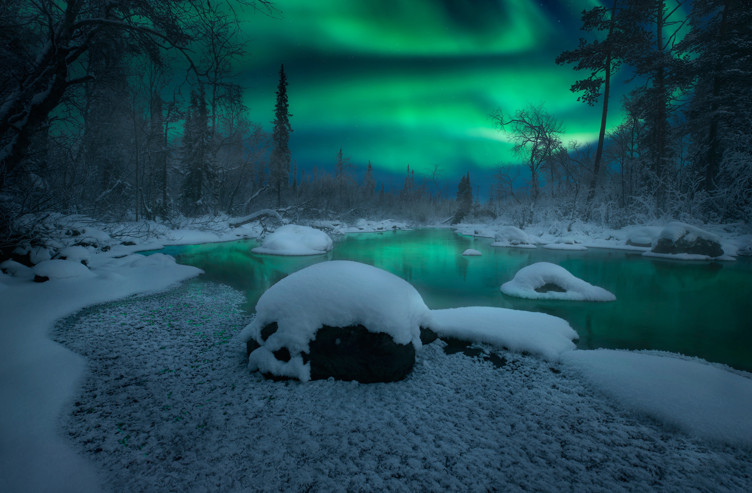 Download mobile wallpaper Winter, Nature, Night, Snow, Earth, Aurora Borealis, Russia, River for free.
