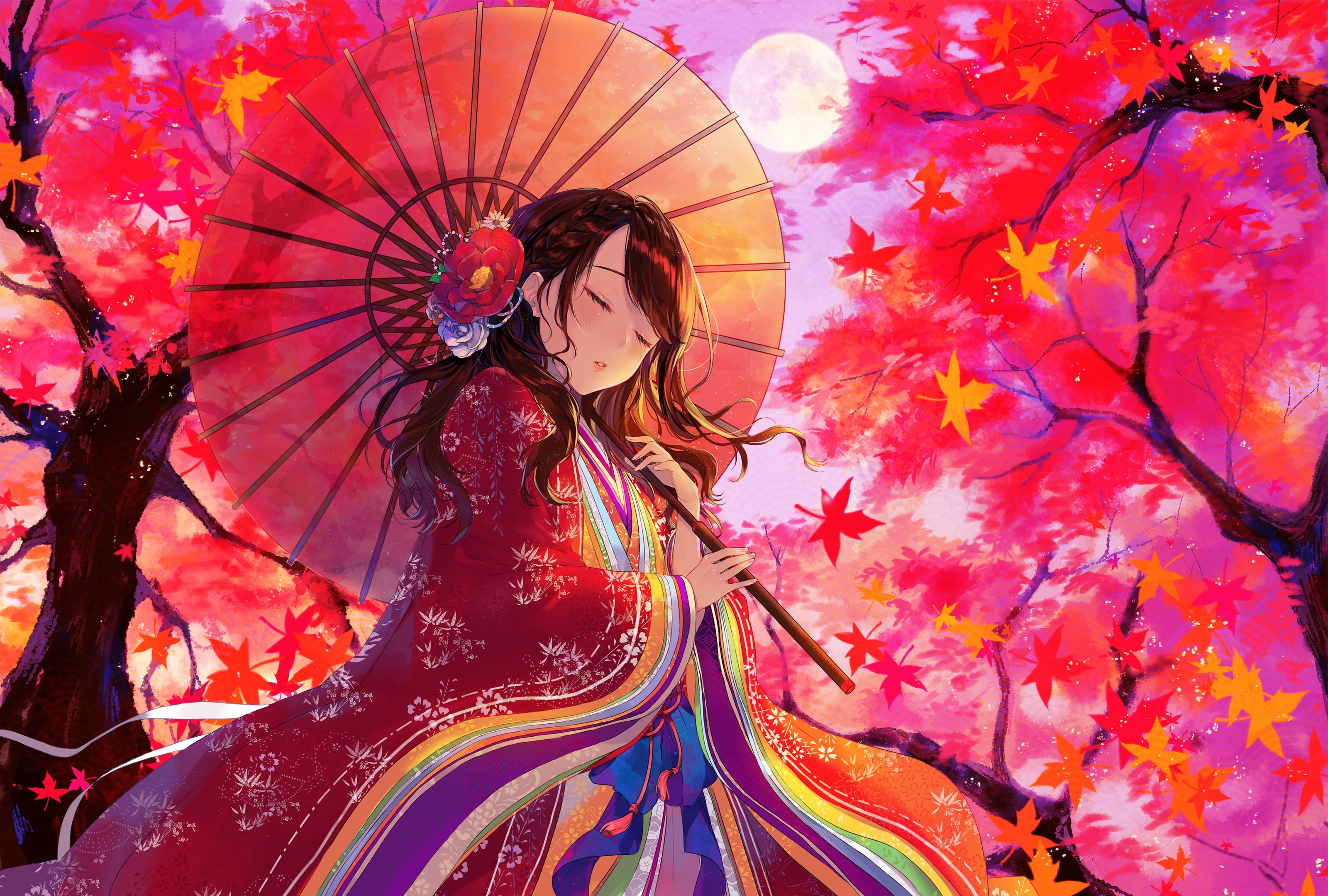 Laden Sie das Herbst, Mond, Regenschirm, Kimono, Original, Animes, Braune Haare-Bild kostenlos auf Ihren PC-Desktop herunter