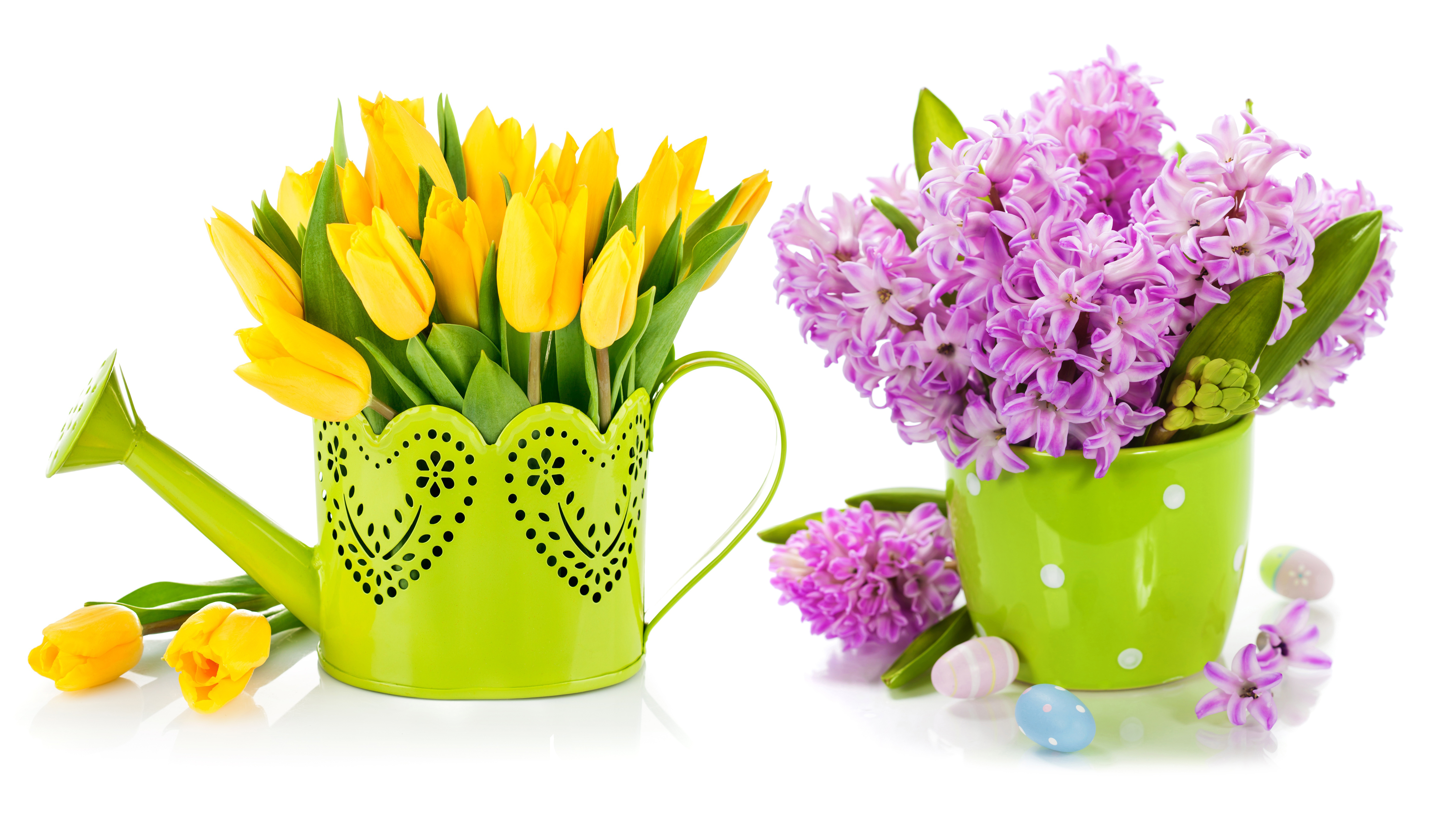 785384 скачать картинку фиолетовый цветок, гиацинт, ваза, сделано человеком, цветок, тюльпан, желтый цветок - обои и заставки бесплатно