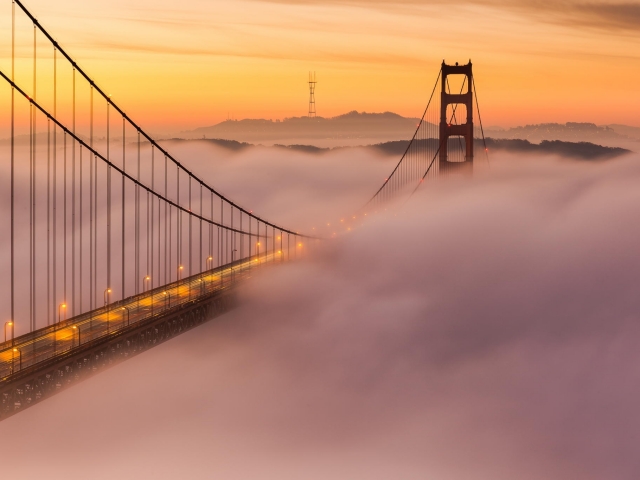 Download mobile wallpaper Landscape, Bridges, Sunset, Fog, Bridge, Cloud, Golden Gate, Man Made for free.