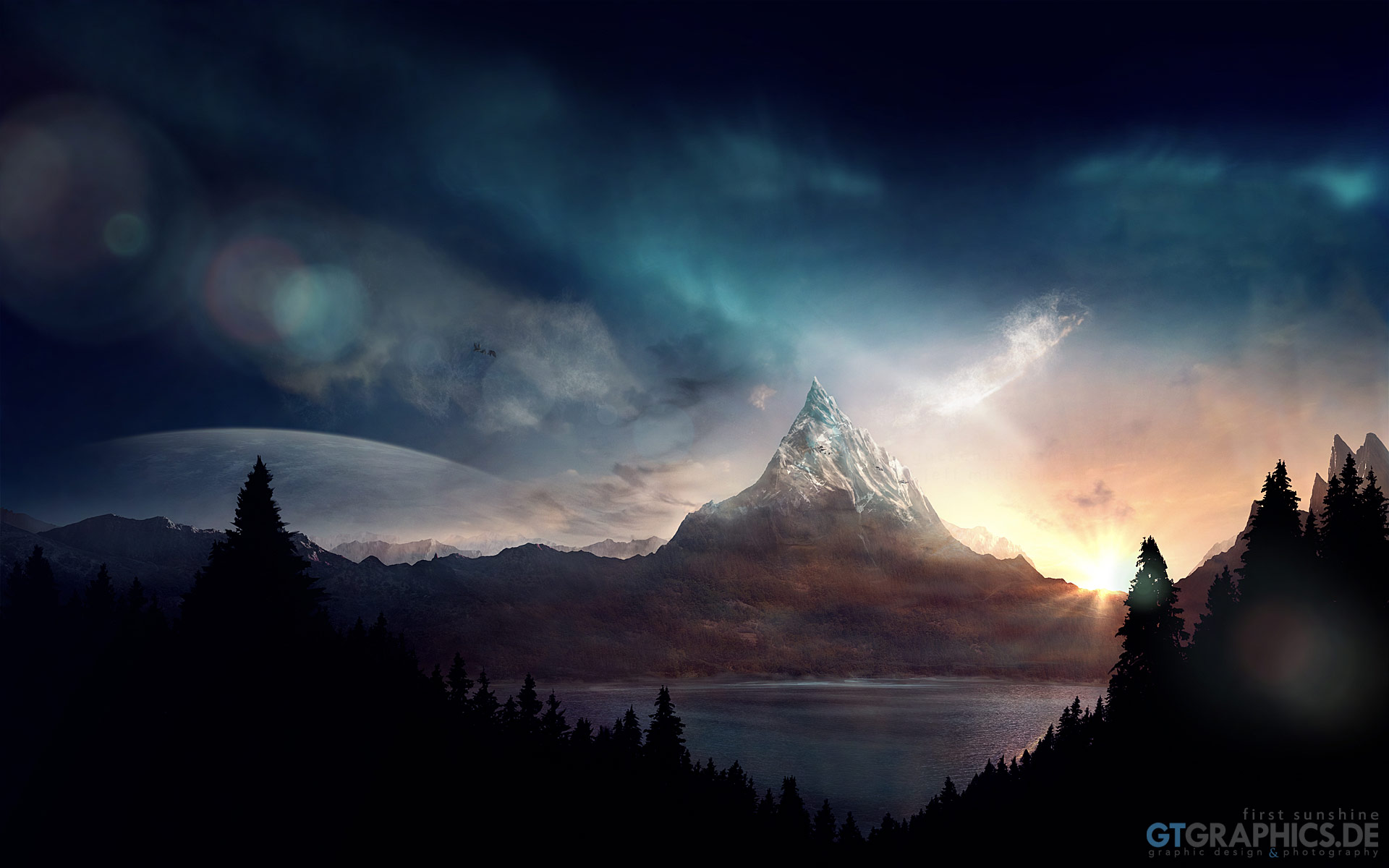 dawn, fantasy, landscape, morning, mountain, peak, sunrise