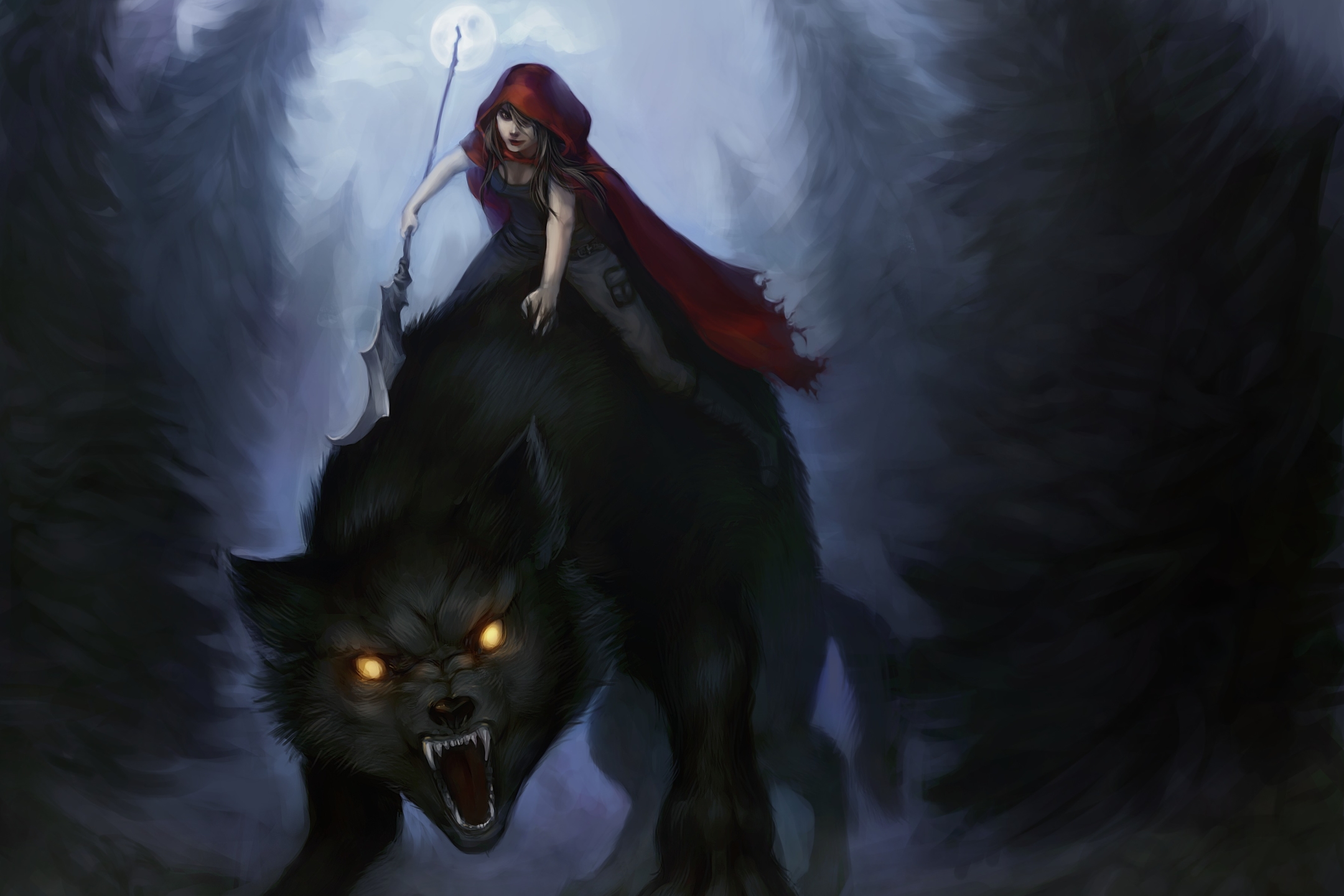 Free download wallpaper Fantasy, Night, Wolf, Spear, Red Riding Hood on your PC desktop