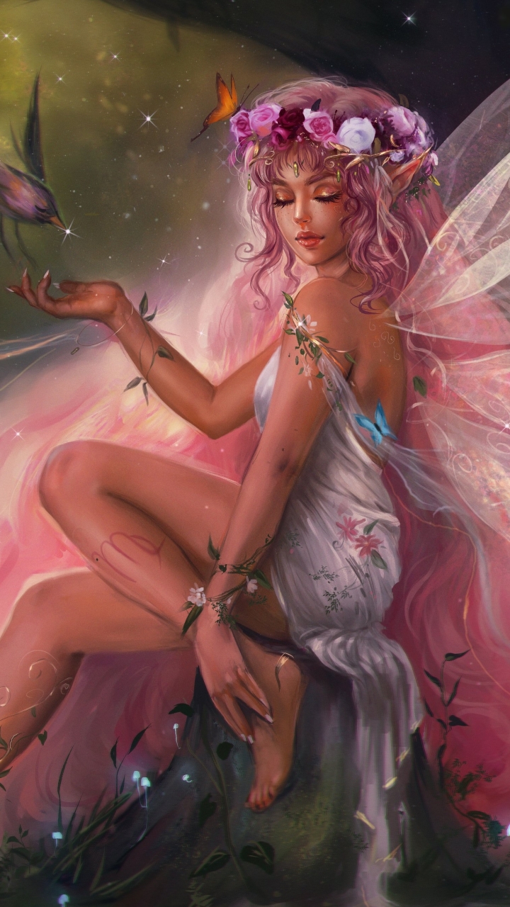 Download mobile wallpaper Fantasy, Bird, Mood, Fairy, Pink Hair for free.