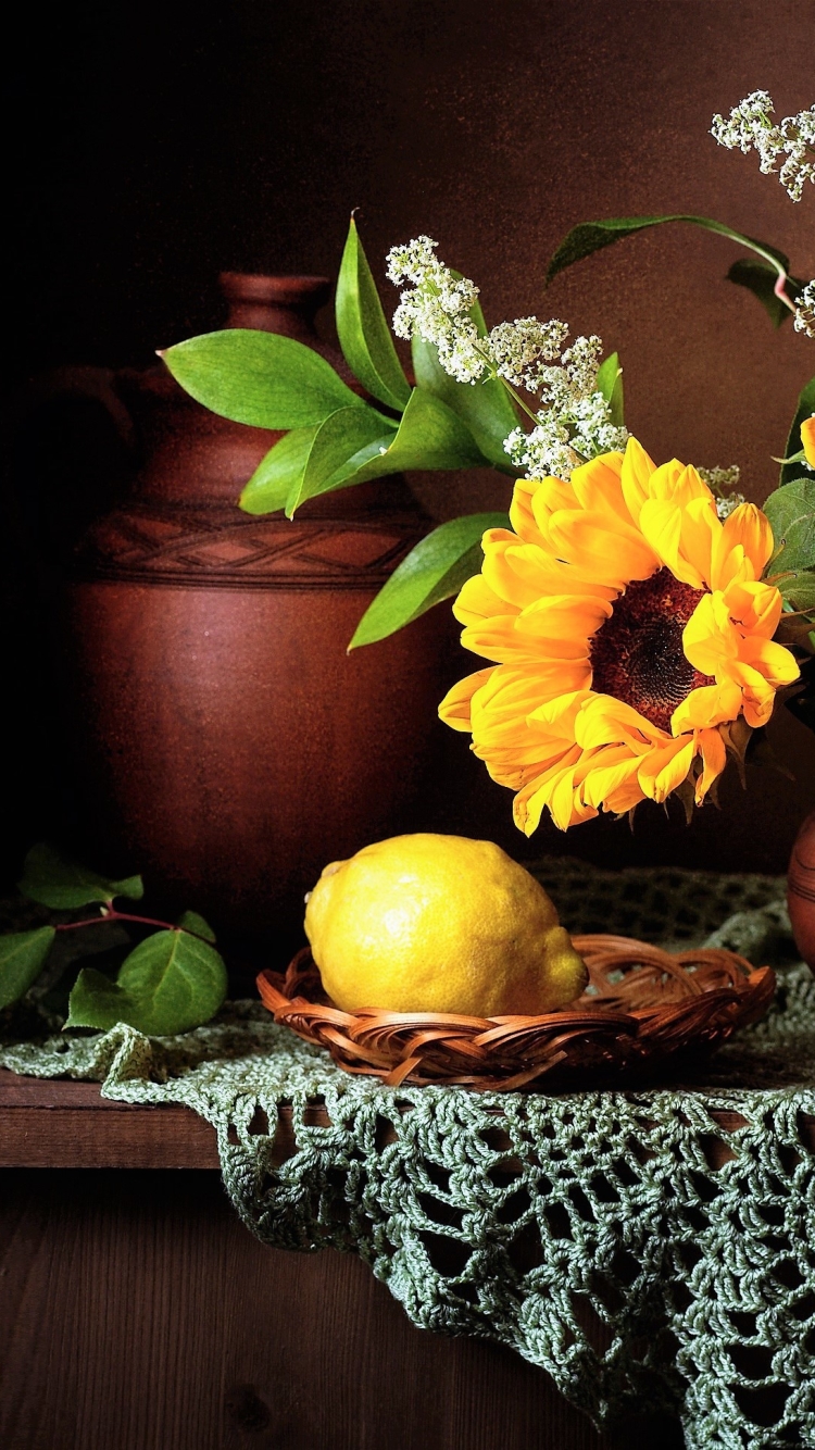 Download mobile wallpaper Still Life, Flower, Lemon, Vase, Sunflower, Photography, Yellow Flower, Pitcher for free.