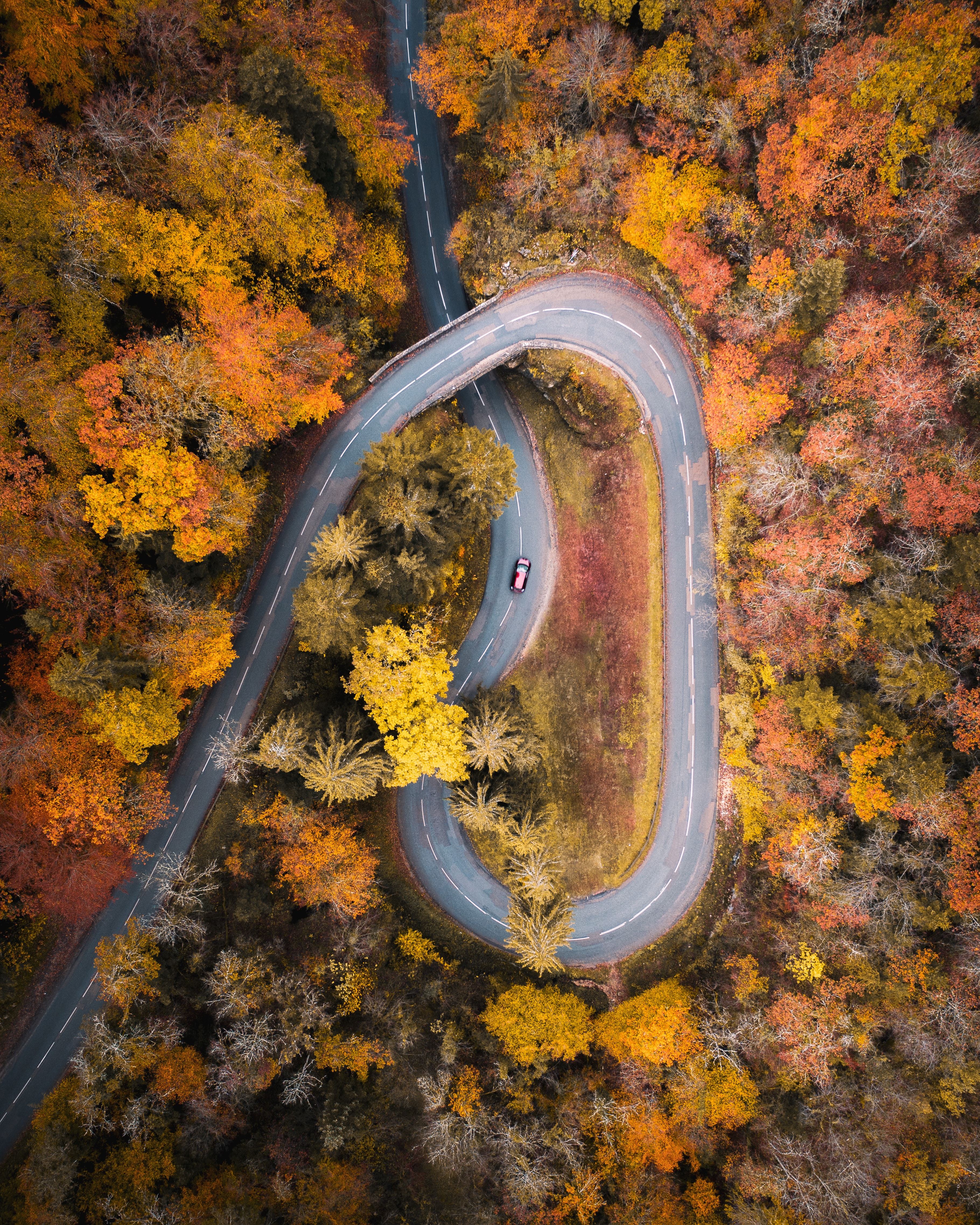 Download mobile wallpaper Autumn, Nature, Trees, View From Above, Road, Car for free.