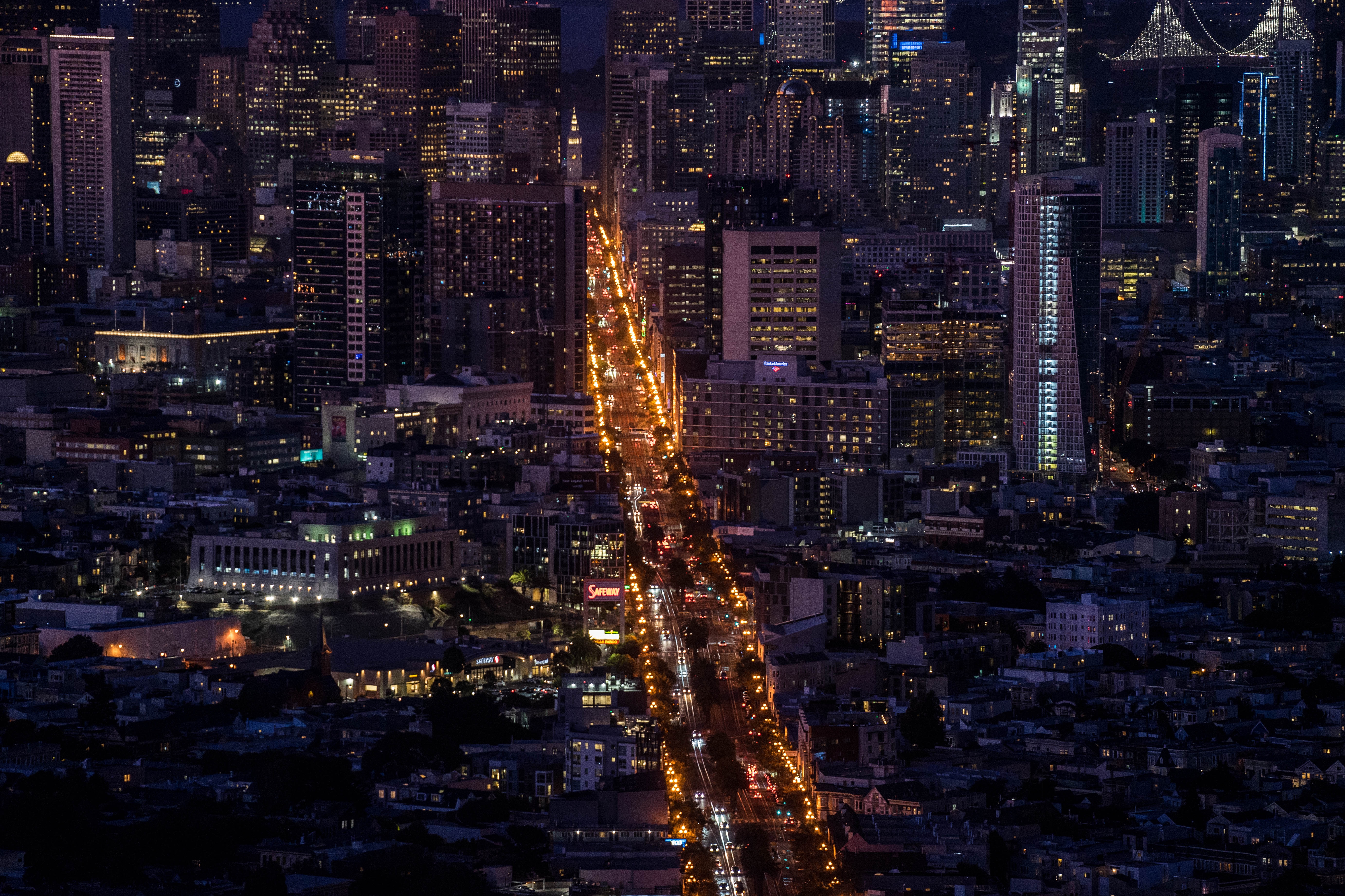 Download mobile wallpaper Megapolis, Cities, Lights, Megalopolis, View From Above, Road, Building, Night City for free.