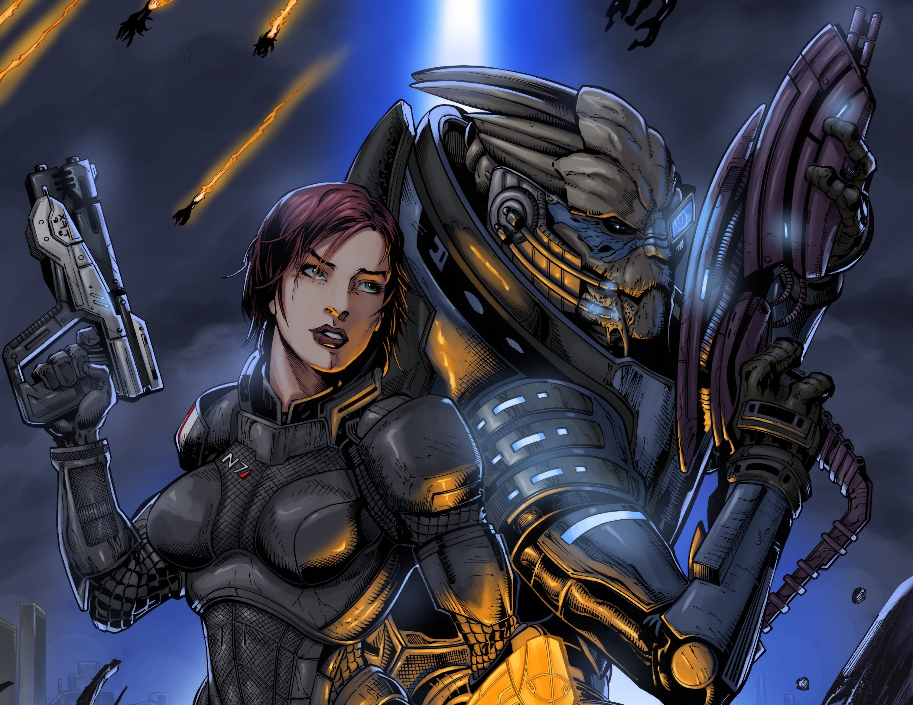 Laden Sie das Waffe, Mass Effect, Krieger, Außerirdischer, Computerspiele, Kommandant Shepard, Frau Krieger, Garrus Vakarian-Bild kostenlos auf Ihren PC-Desktop herunter