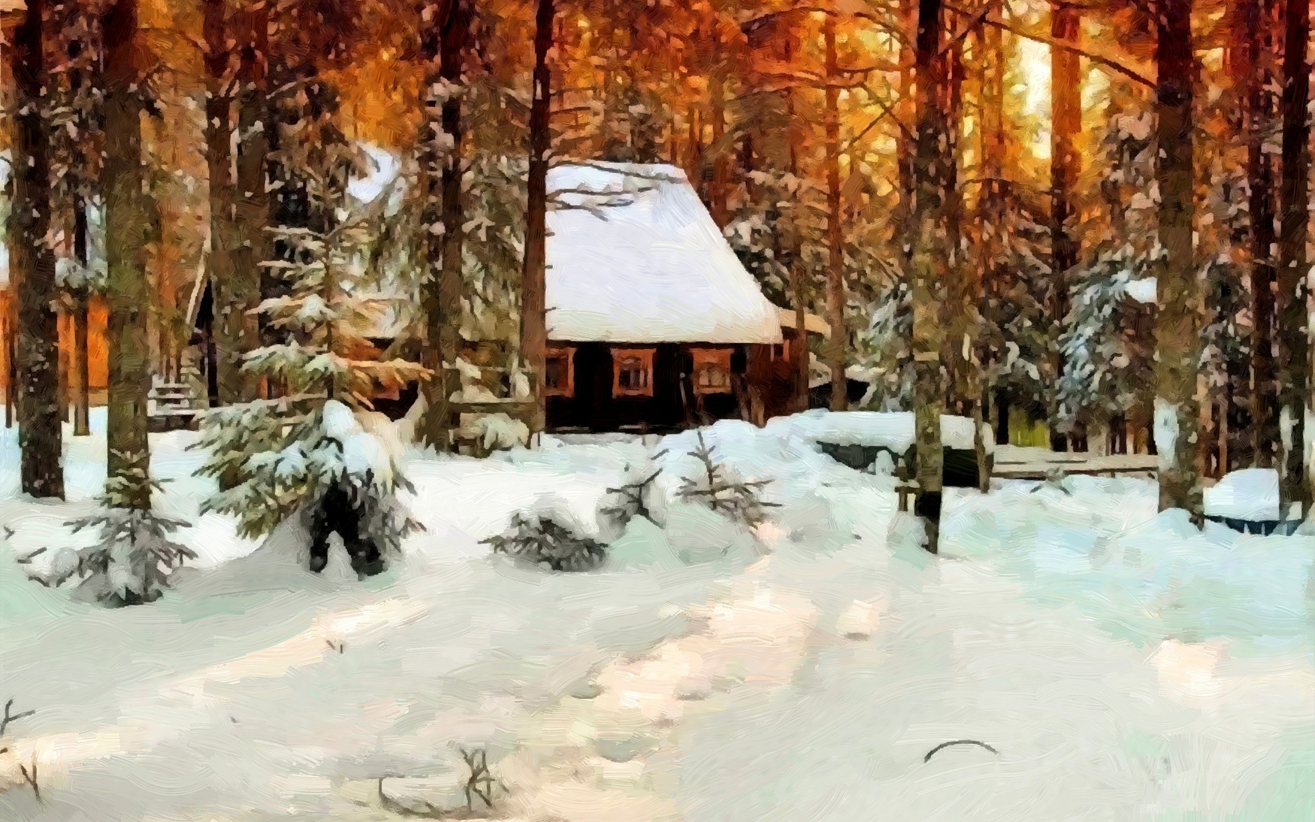 無料モバイル壁紙冬, 家, 木, 日没, 雪, 森, ペインティング, 芸術的をダウンロードします。