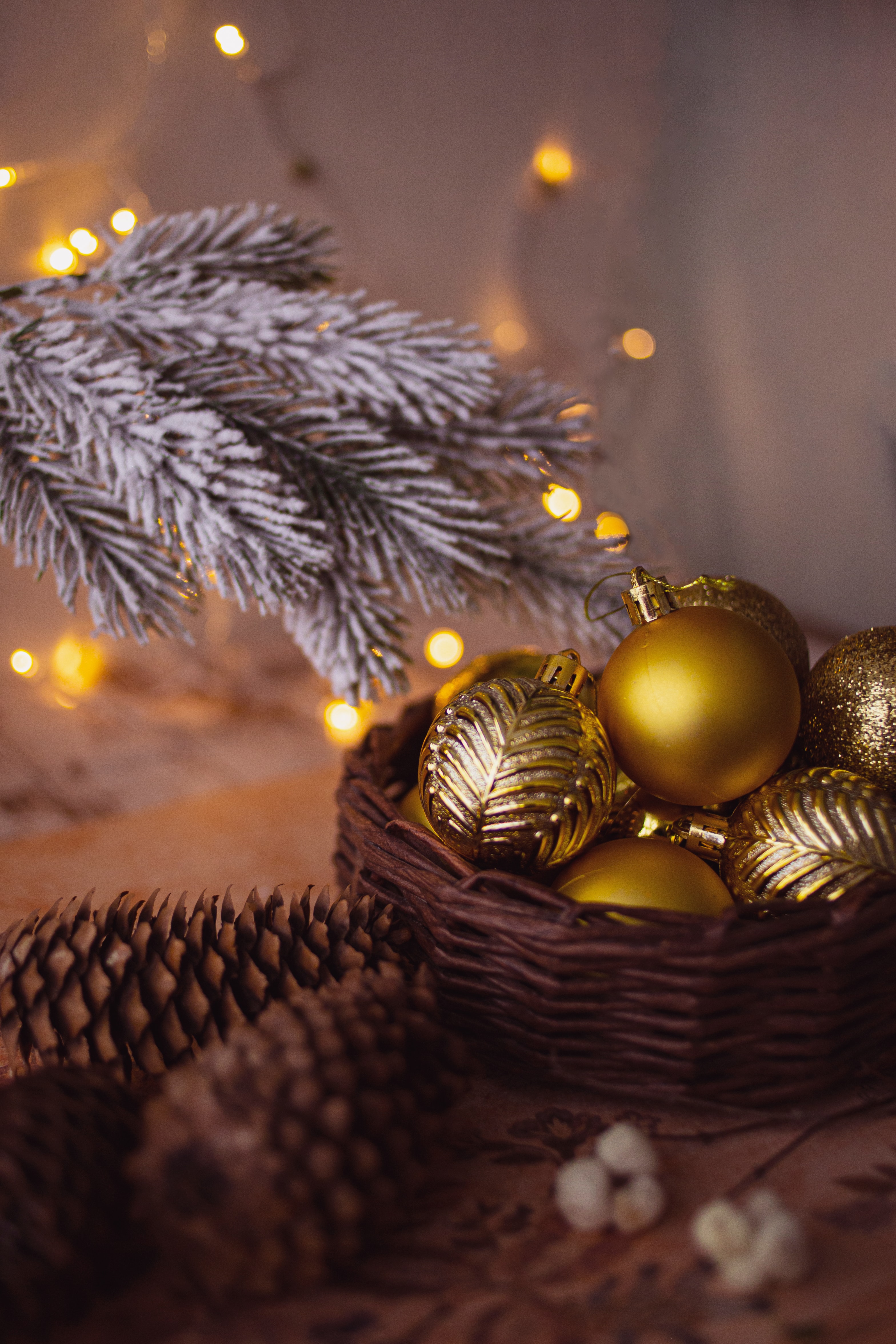 holidays, cones, new year, decorations, christmas, branch, garland, balls Desktop home screen Wallpaper