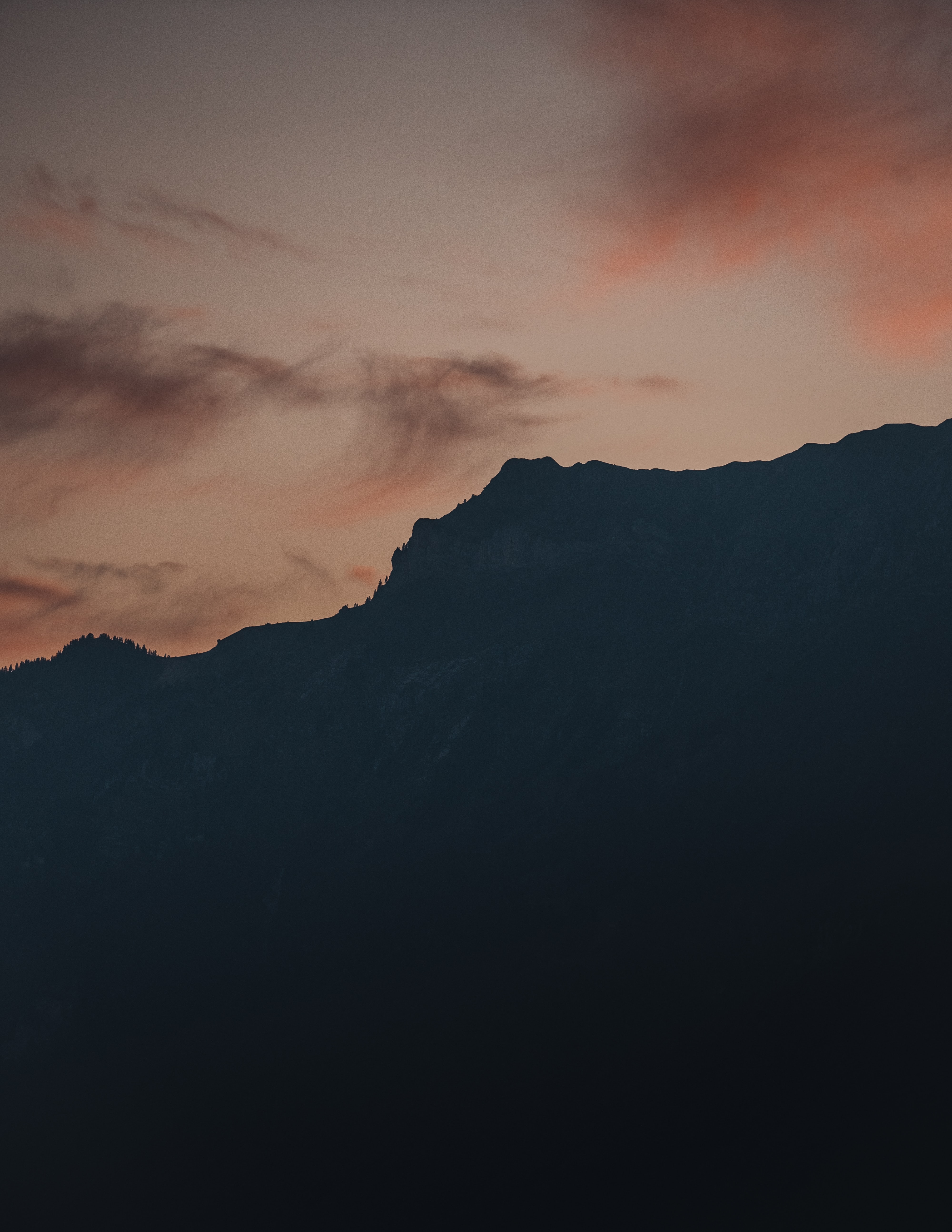Laden Sie das Natur, Sunset, Sky, Silhouette, Steigung, Mountains-Bild kostenlos auf Ihren PC-Desktop herunter