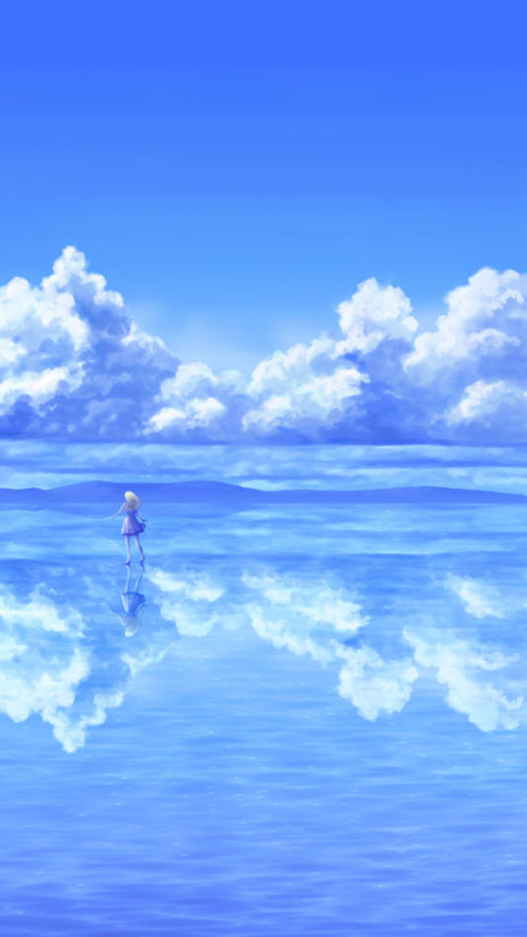 Скачать картинку Аниме, Небо, Облака, Отражение, Синий, Облако в телефон бесплатно.