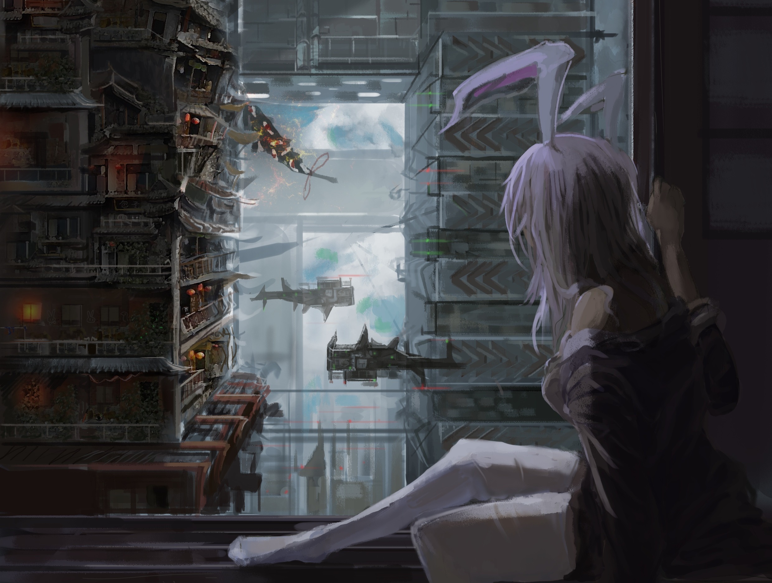 Download mobile wallpaper Anime, Building, Window, Vehicle, Touhou, Reisen Udongein Inaba, Animal Ears for free.