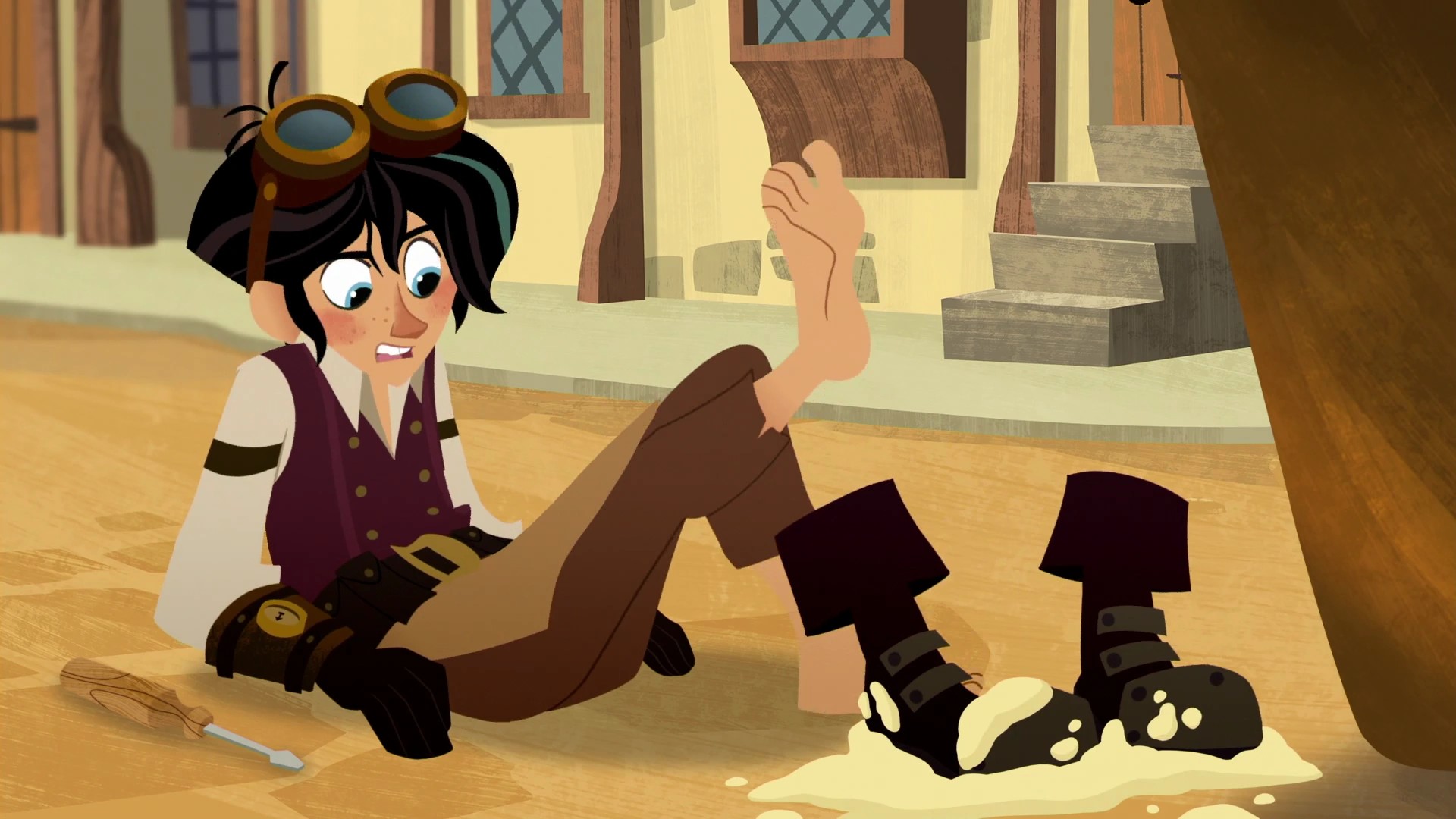 Download mobile wallpaper Boots, Blue Eyes, Feet, Tv Show, Goggles, Tangled, Barefoot, Two Toned Hair, Tangled: The Series, Varian (Tangled) for free.