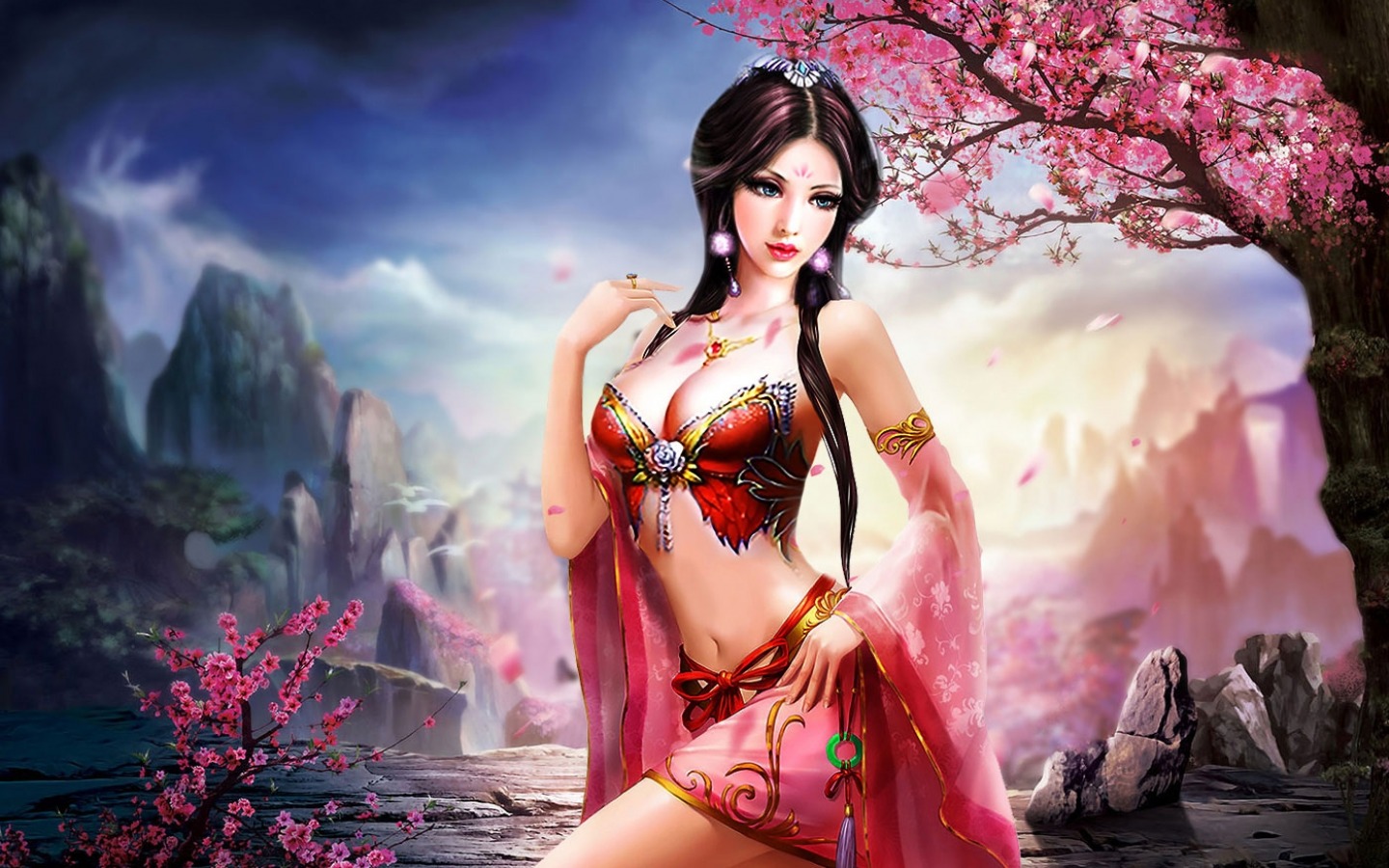 Free download wallpaper Fantasy, Women, Blue Eyes, Blossom, Pink Flower on your PC desktop
