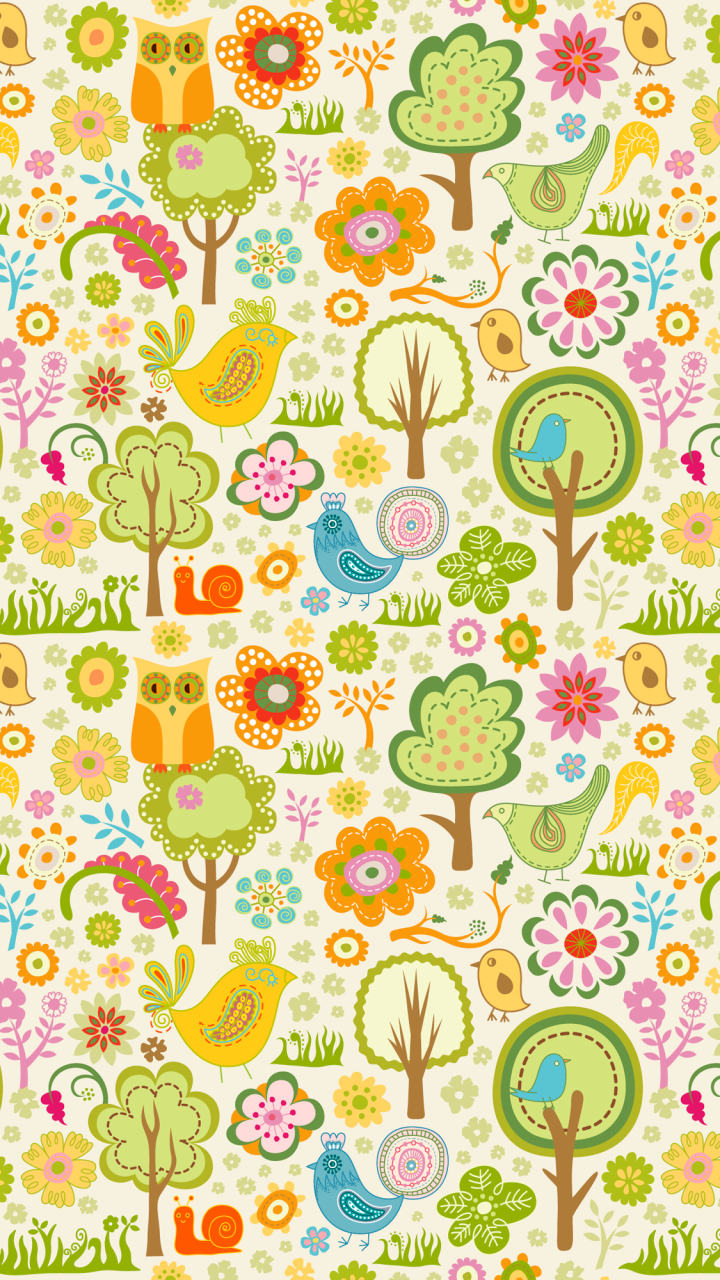 無料モバイル壁紙鳥, 木, パターン, 花, 春, 芸術的をダウンロードします。