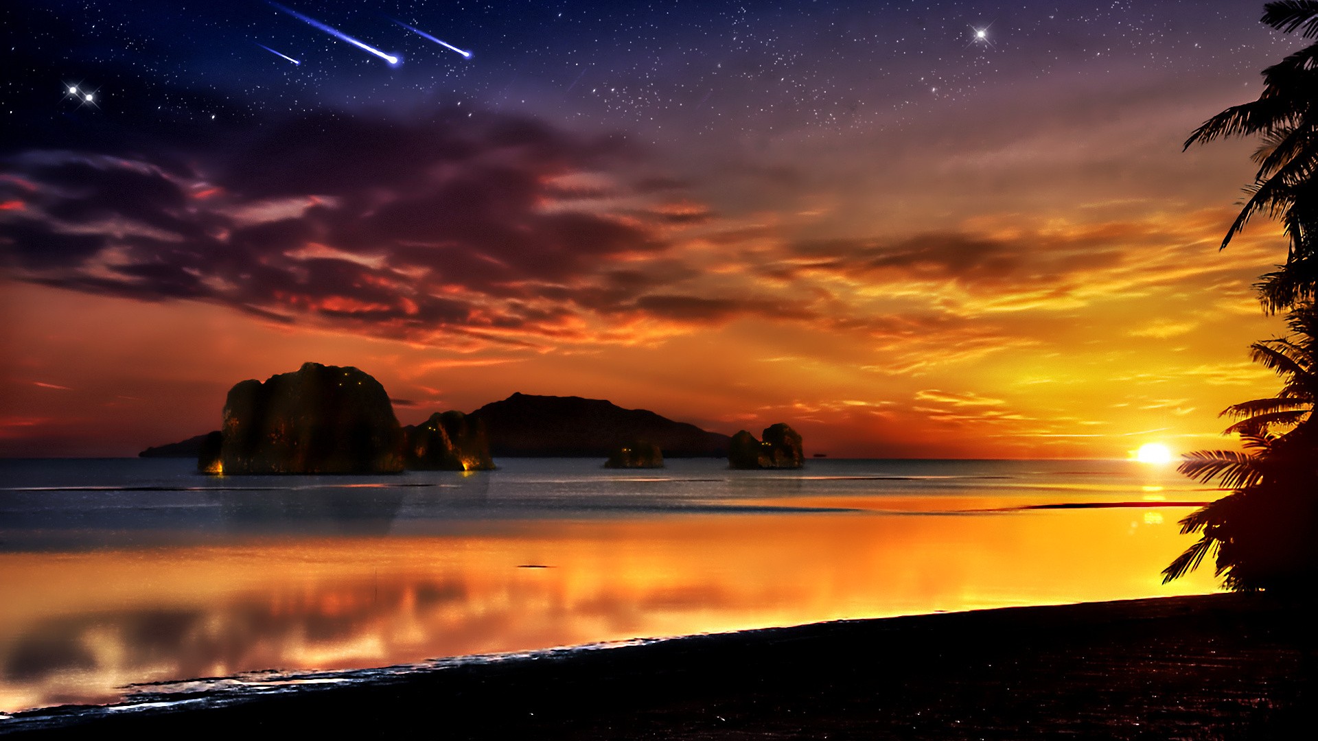 Laden Sie das Sterne, Strand, Ozean, Insel, Fotografie, Sonnenuntergang, Manipulation-Bild kostenlos auf Ihren PC-Desktop herunter
