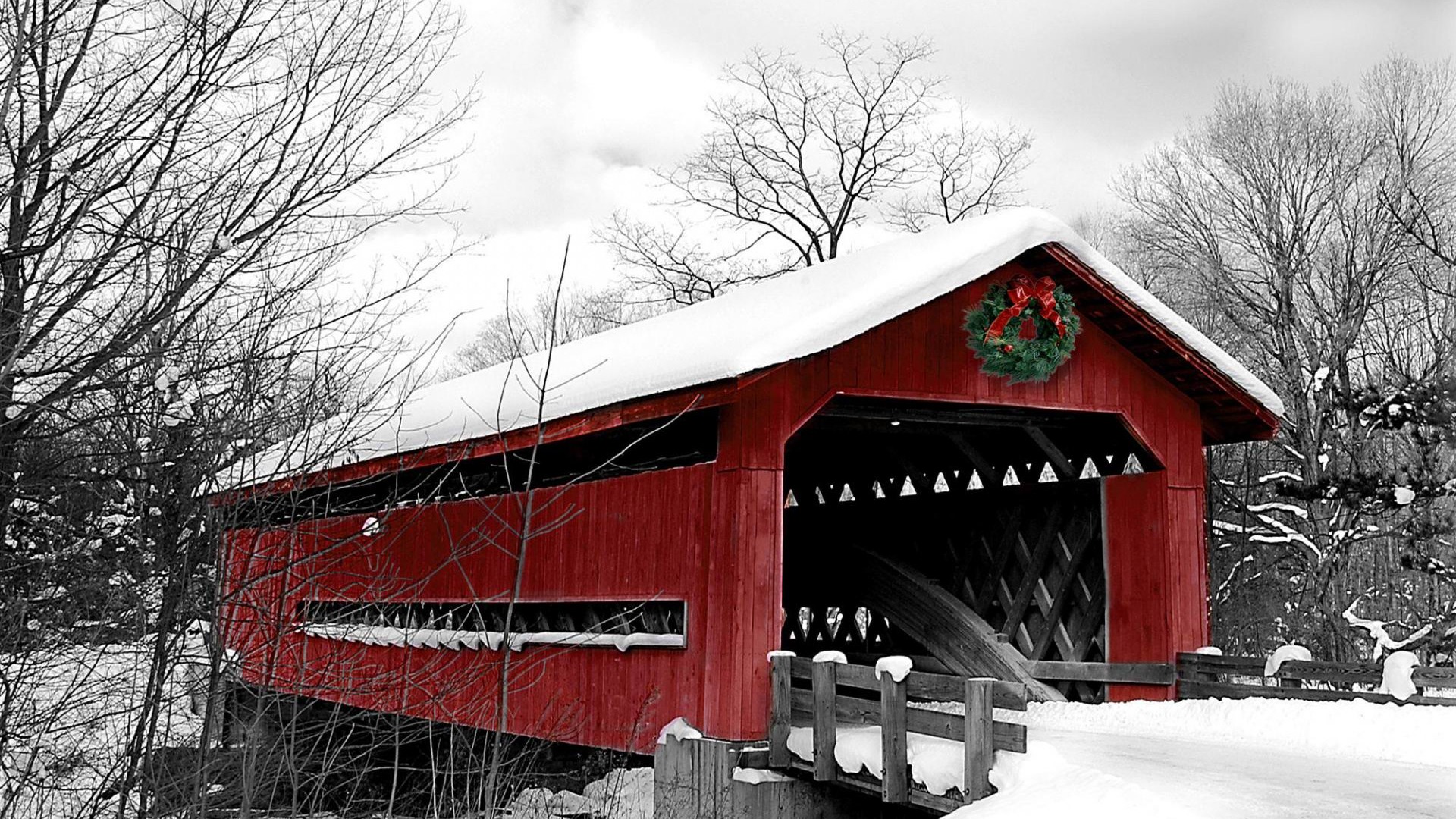man made, covered bridge, snow, wreath, bridges