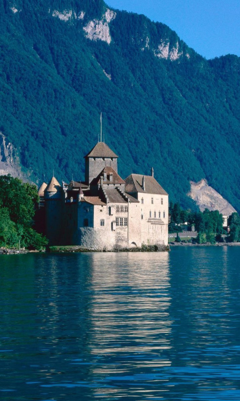 Baixar papel de parede para celular de Castelos, Montanha, Lago, Suíça, Castelo, Feito Pelo Homem, Castelo De Chillon gratuito.