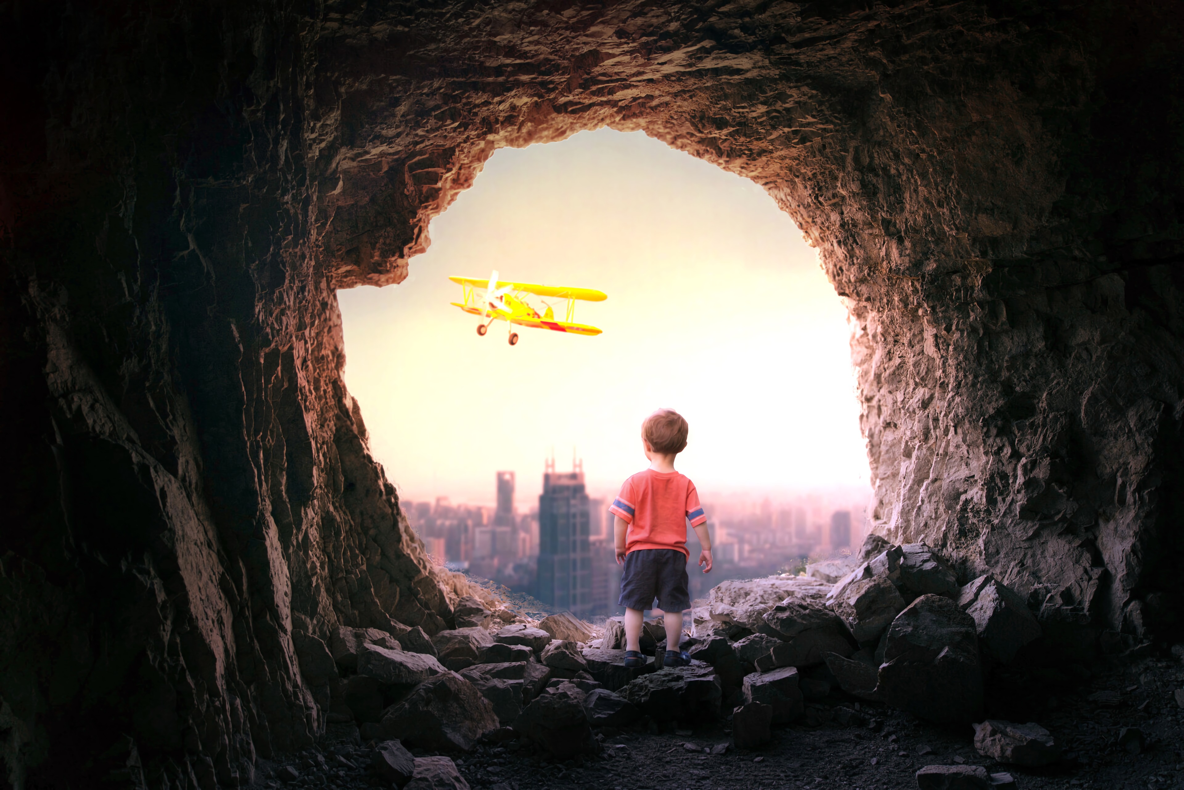 plane, miscellanea, cave, city, miscellaneous, airplane, view, child wallpaper for mobile