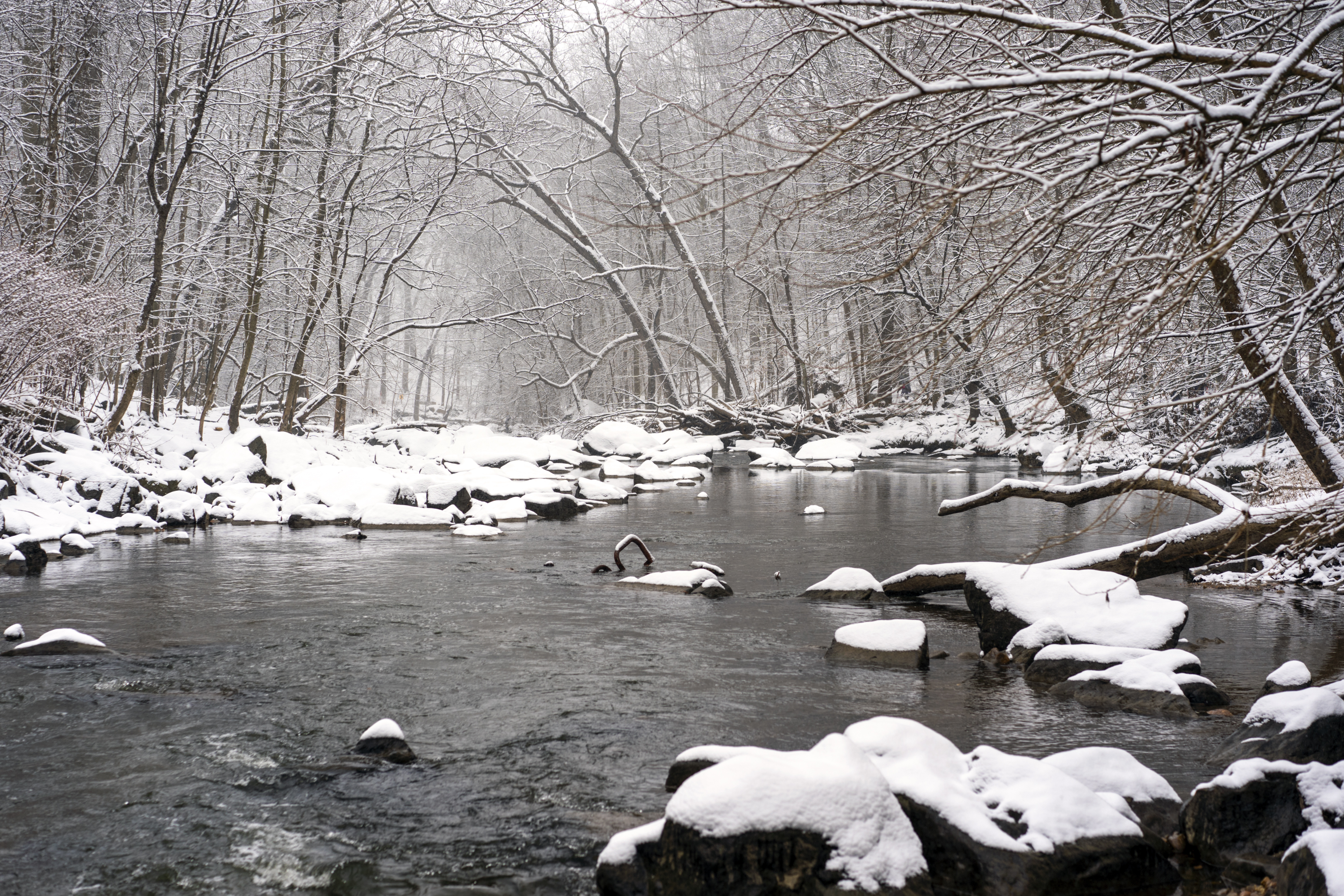 Download mobile wallpaper Snow, Nature, Forest, Stones, Rivers, Water, Winter for free.