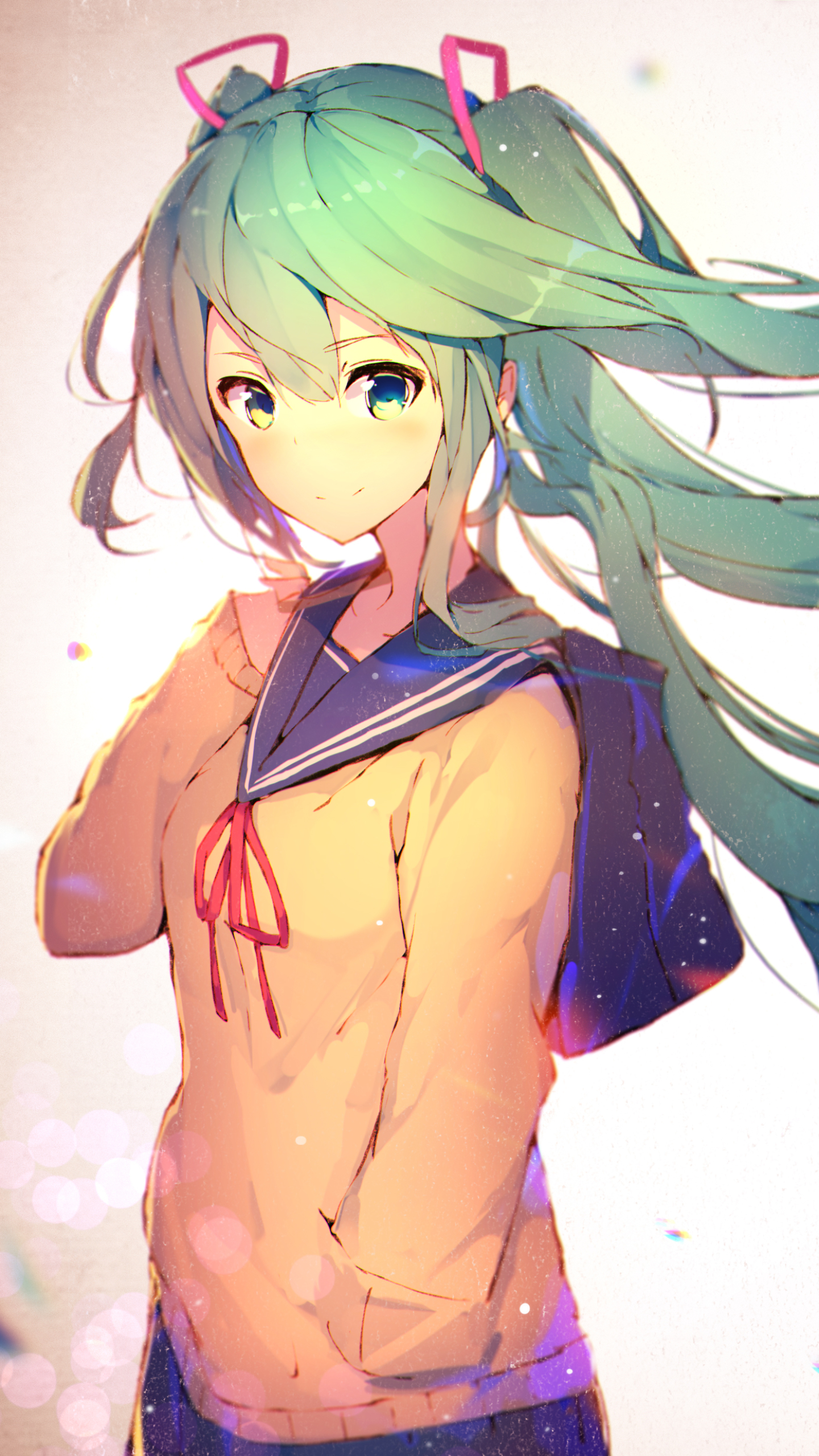 Download mobile wallpaper Anime, Vocaloid, Blush, School Uniform, Hatsune Miku, Long Hair, Aqua Eyes, Aqua Hair, Twintails for free.