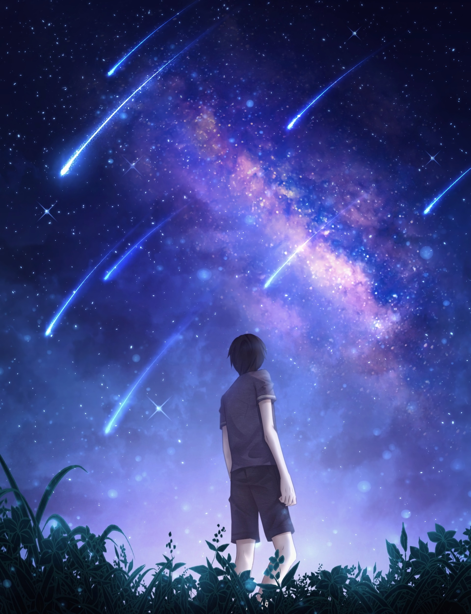 art, silhouette, starfall, meteors, night, starry sky, meteora