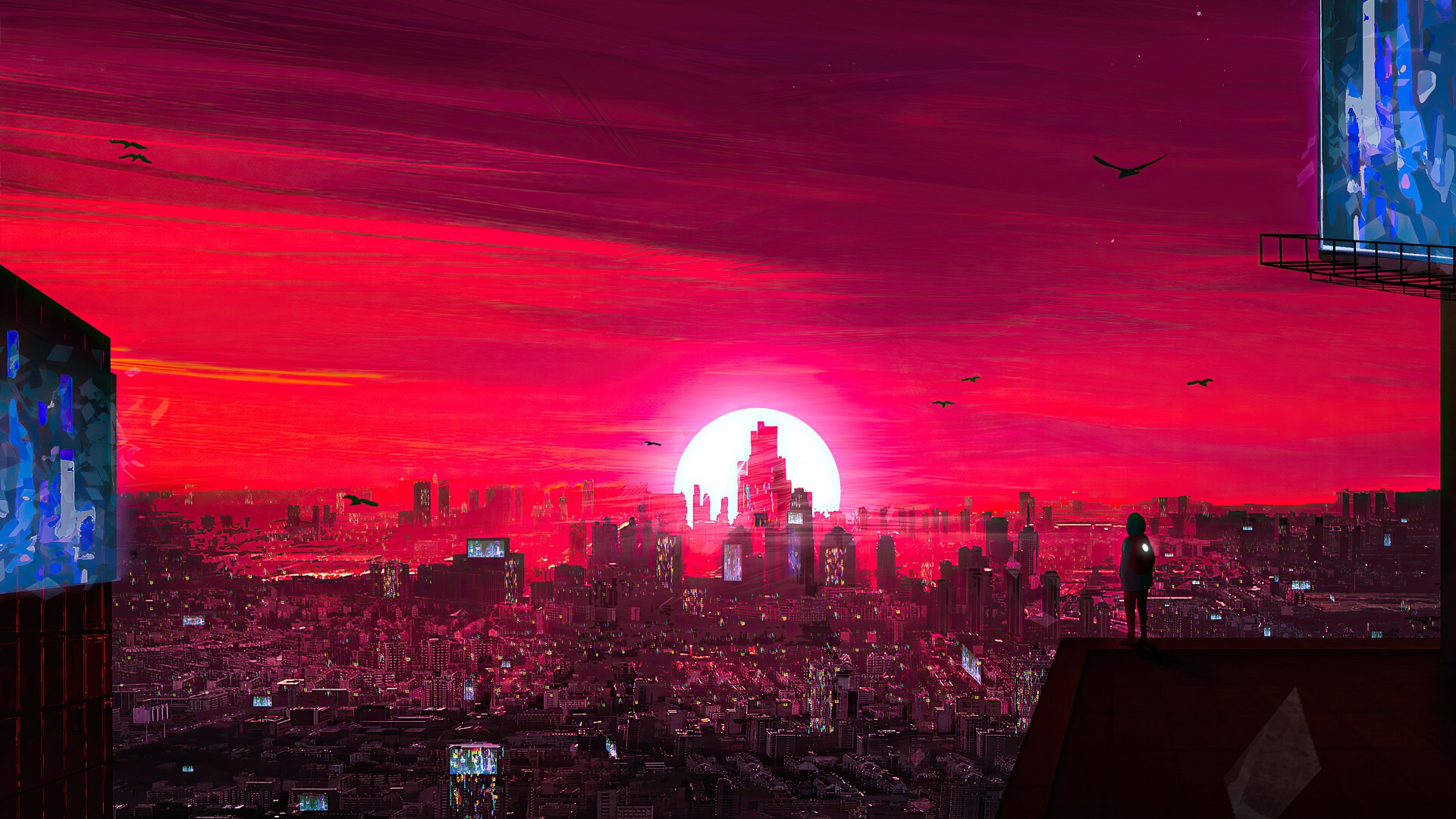 Laden Sie das Cyberpunk, Stadtbild, Science Fiction, Sonnenuntergang, Großstadt-Bild kostenlos auf Ihren PC-Desktop herunter