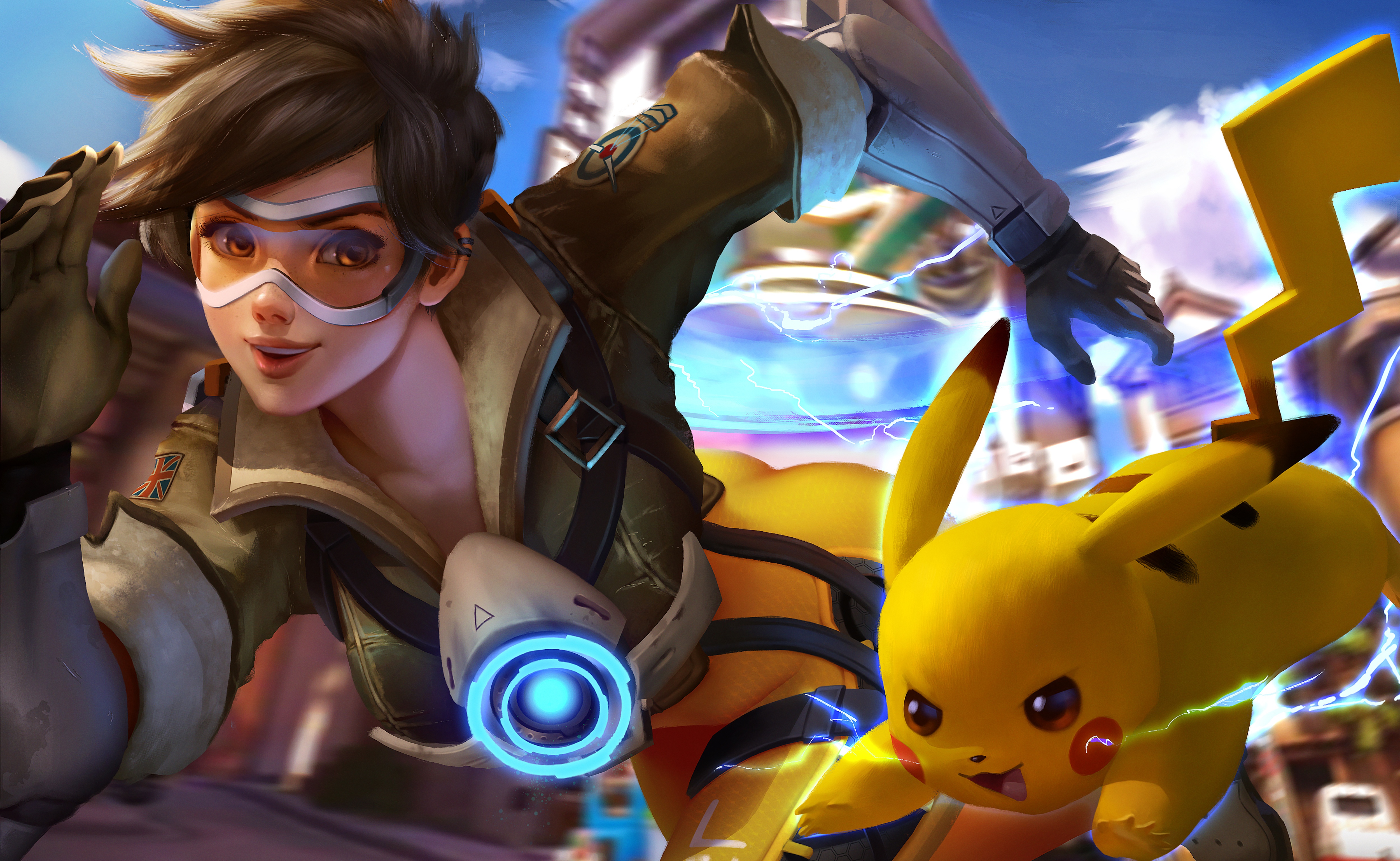 Free download wallpaper Pokémon, Crossover, Overwatch, Pikachu, Video Game, Tracer (Overwatch) on your PC desktop