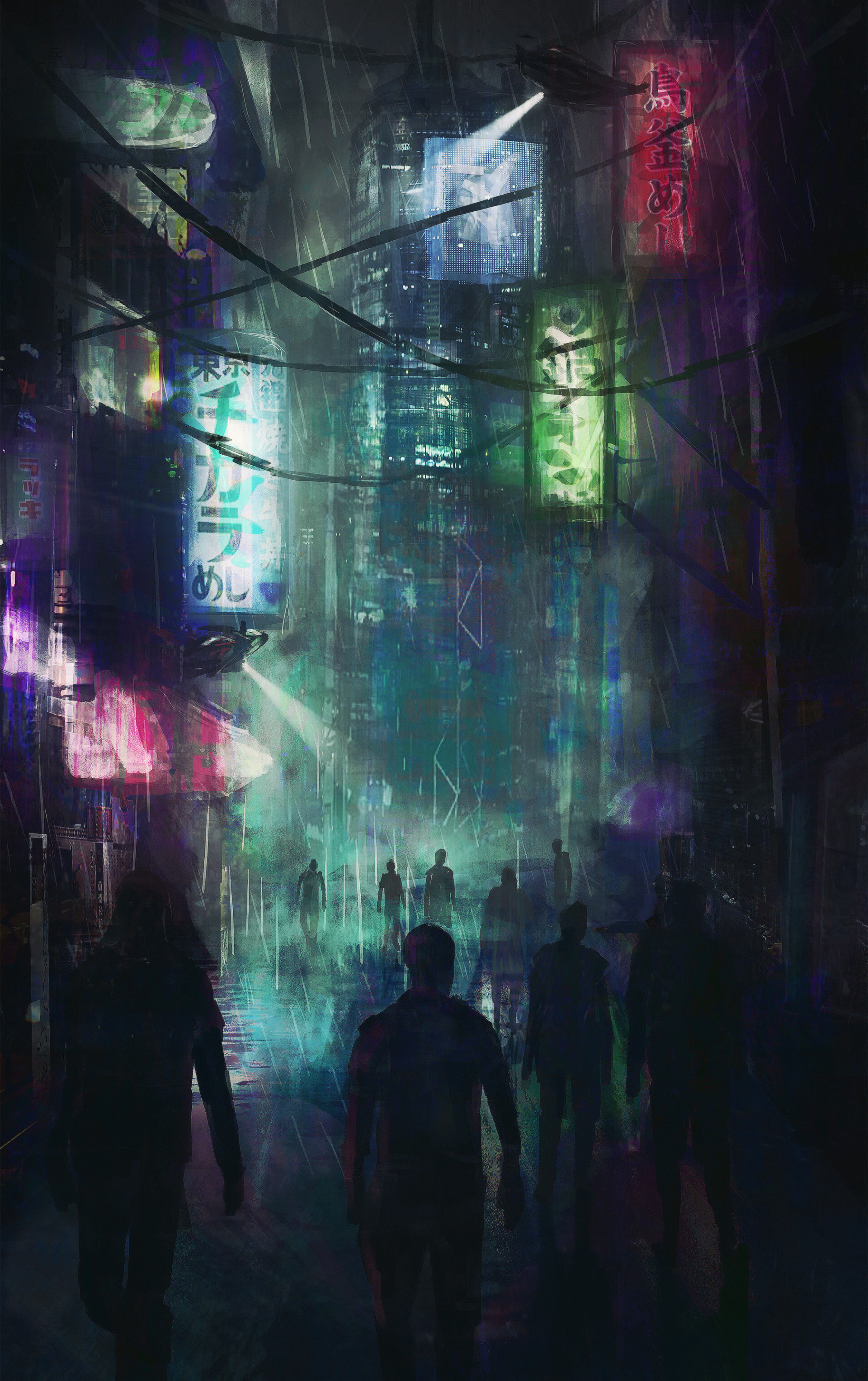 cyberpunk, night city, art, silhouettes, city, crowd