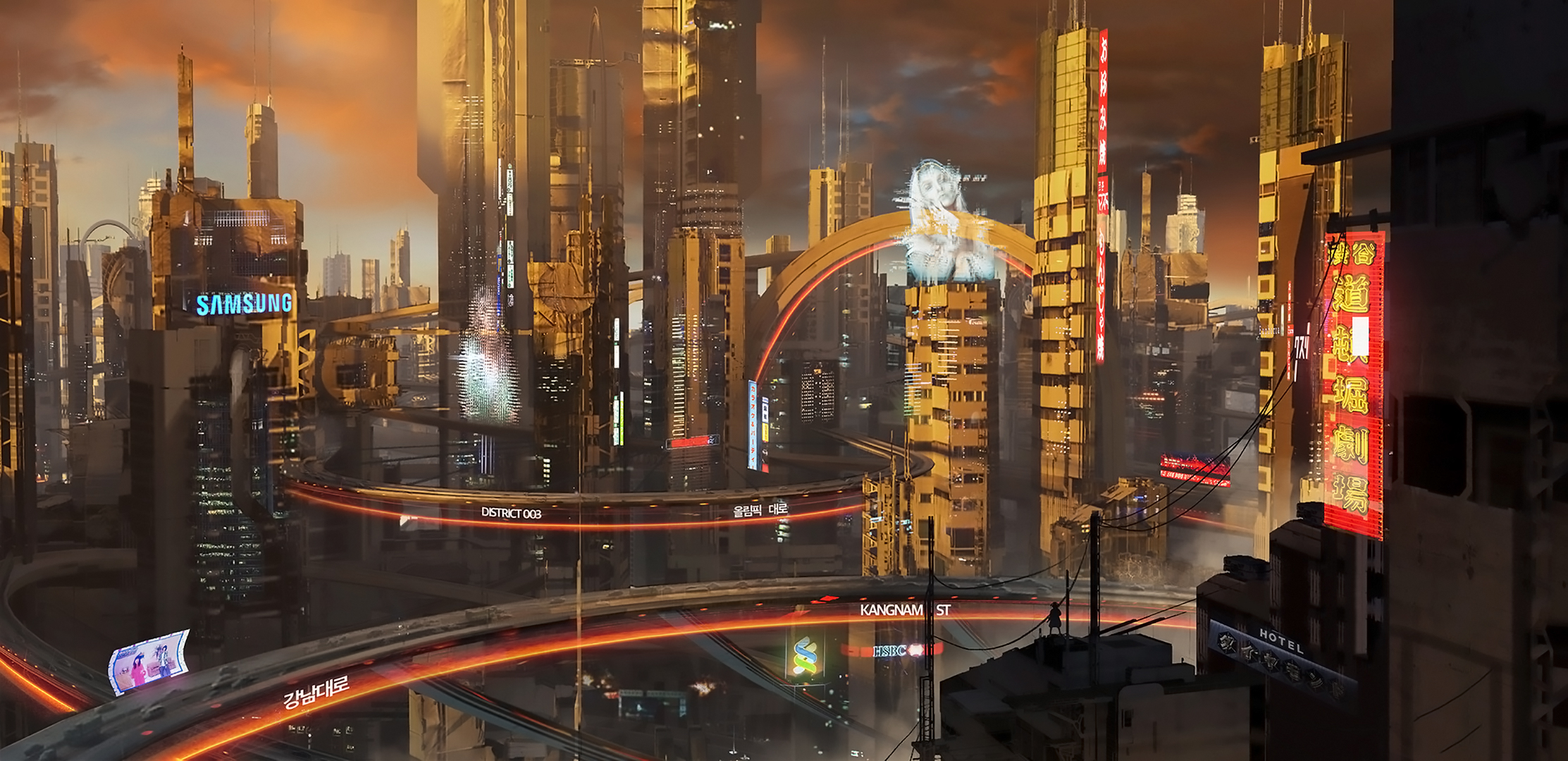 Laden Sie das Gebäude, Abend, Science Fiction, Seoul, Großstadt-Bild kostenlos auf Ihren PC-Desktop herunter