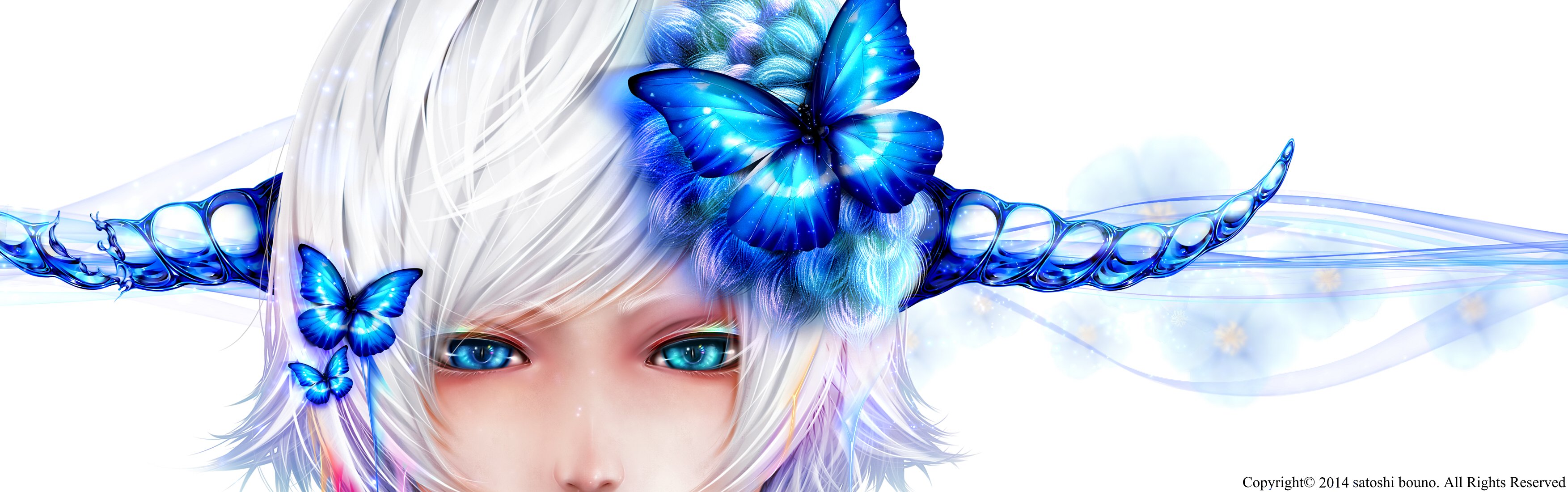 Download mobile wallpaper Anime, Fantasy, Butterfly, Horns, Blue Eyes, Original, White Hair for free.