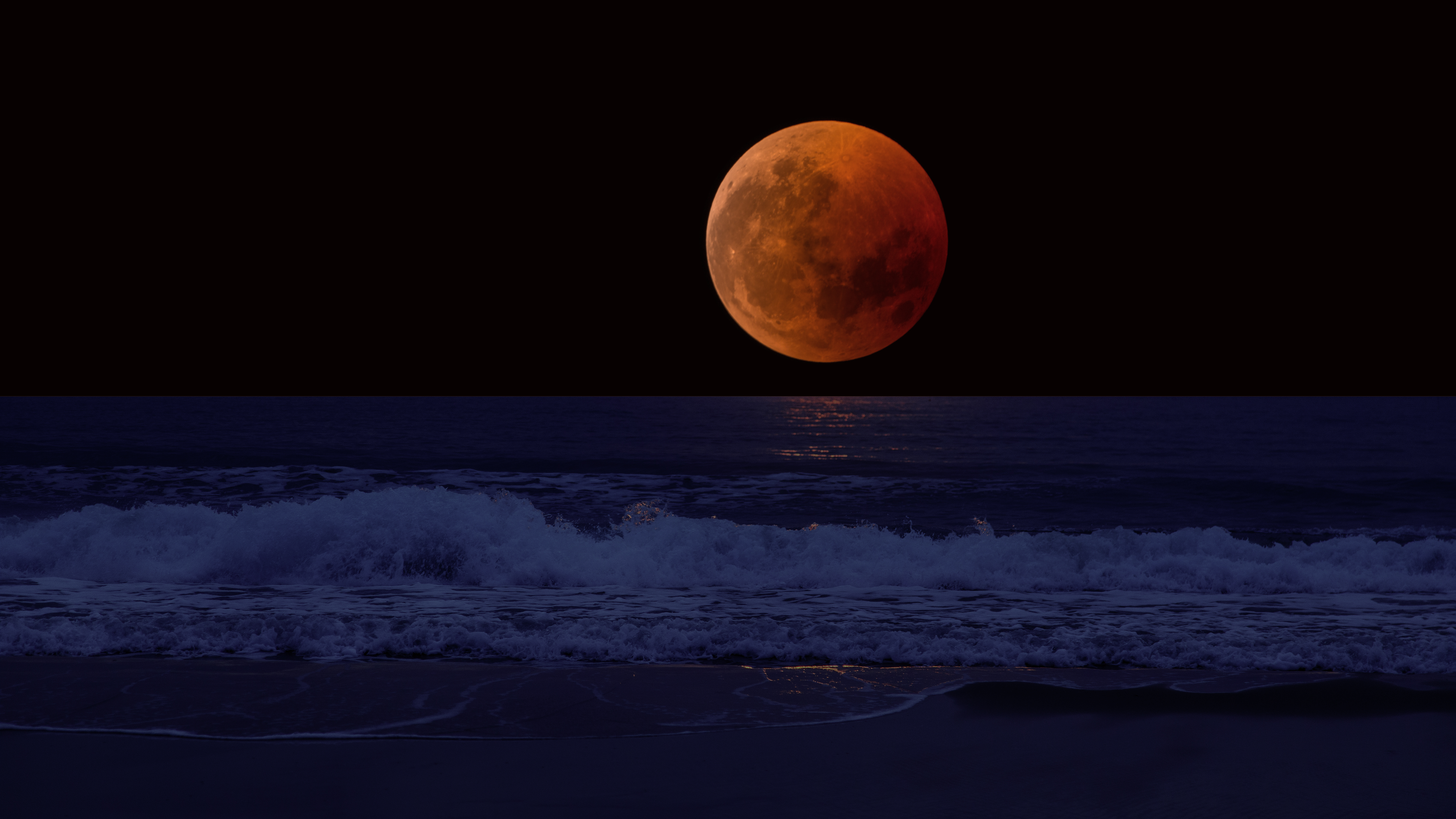 horizon, full moon, surf, eclipse, sea, nature