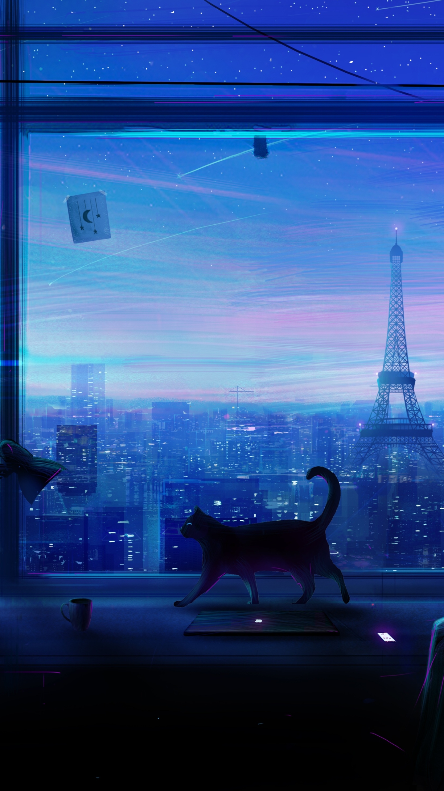 Скачать картинку Аниме, Небо, Город, Кот, Кошка в телефон бесплатно.