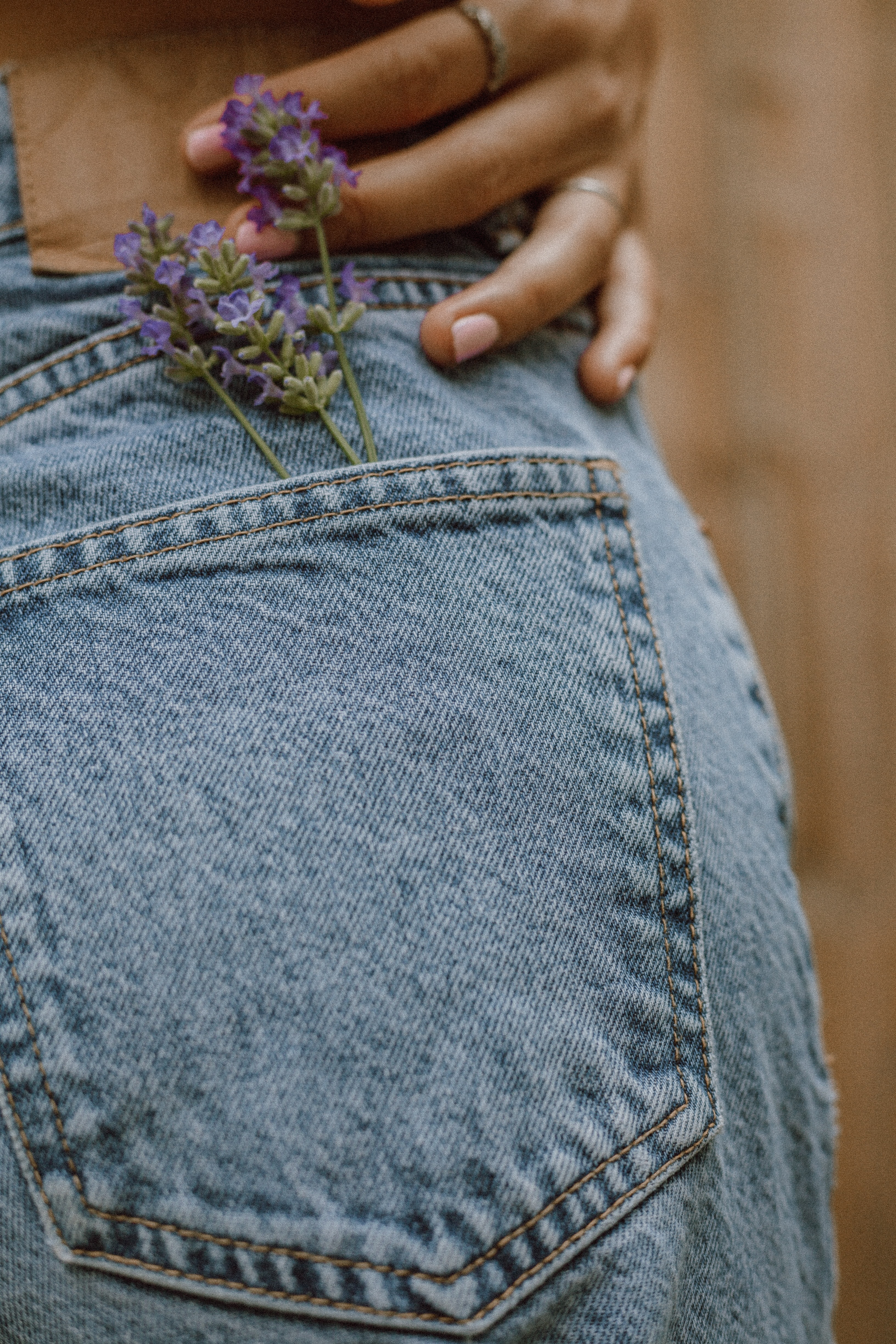 flowers, hand, miscellanea, miscellaneous, ring, jeans, pocket