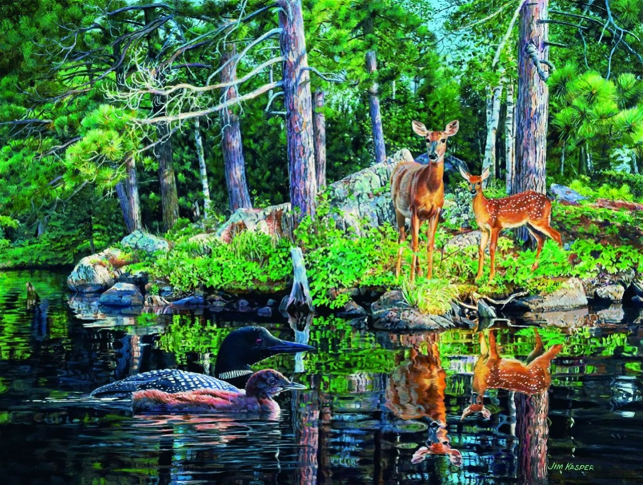 Download mobile wallpaper Reflection, Forest, Tree, Animal, Duck, Pond, Deer for free.