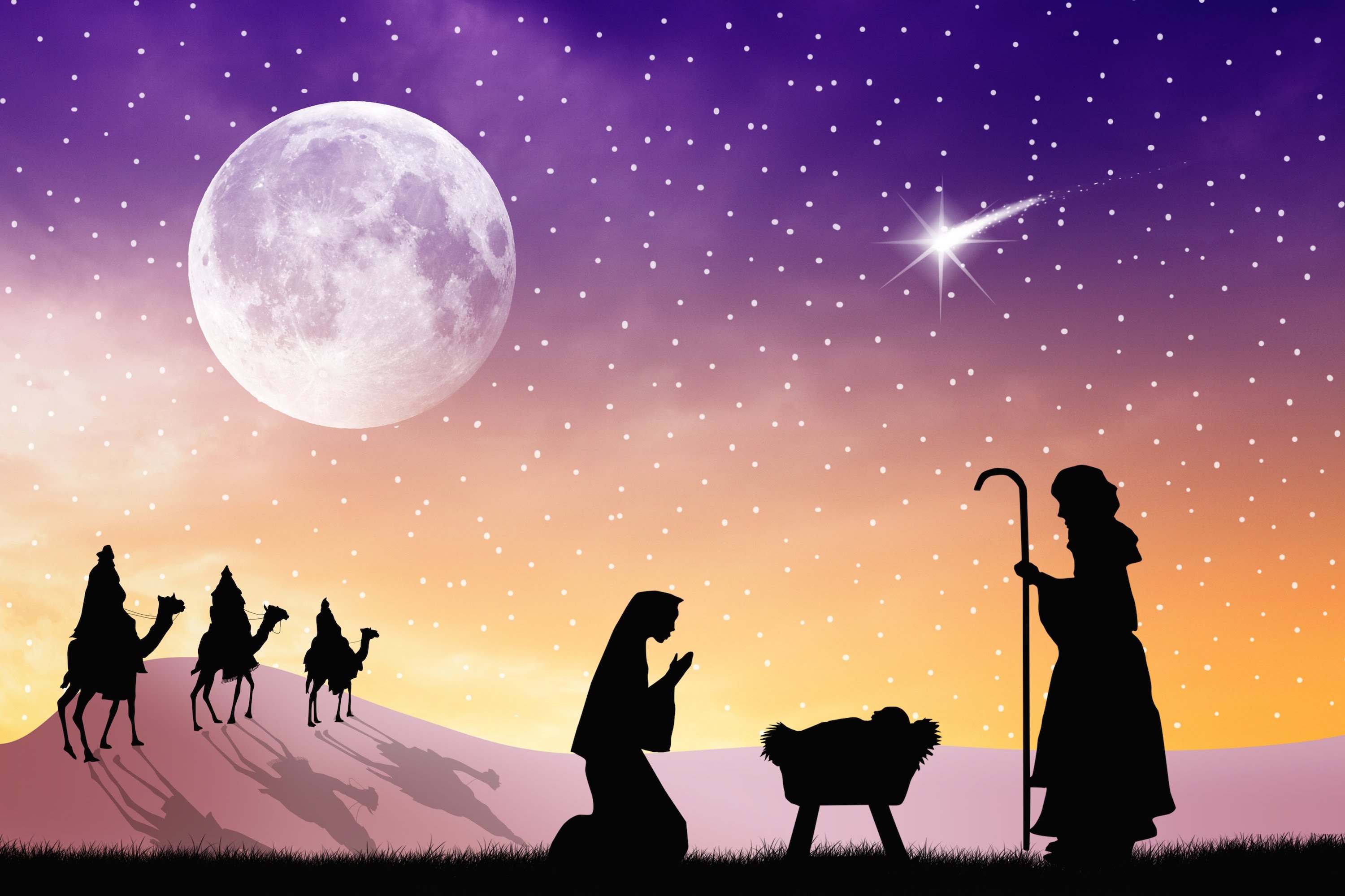the three wise men, holiday, christmas, jesus, mary (mother of jesus), moon, stars