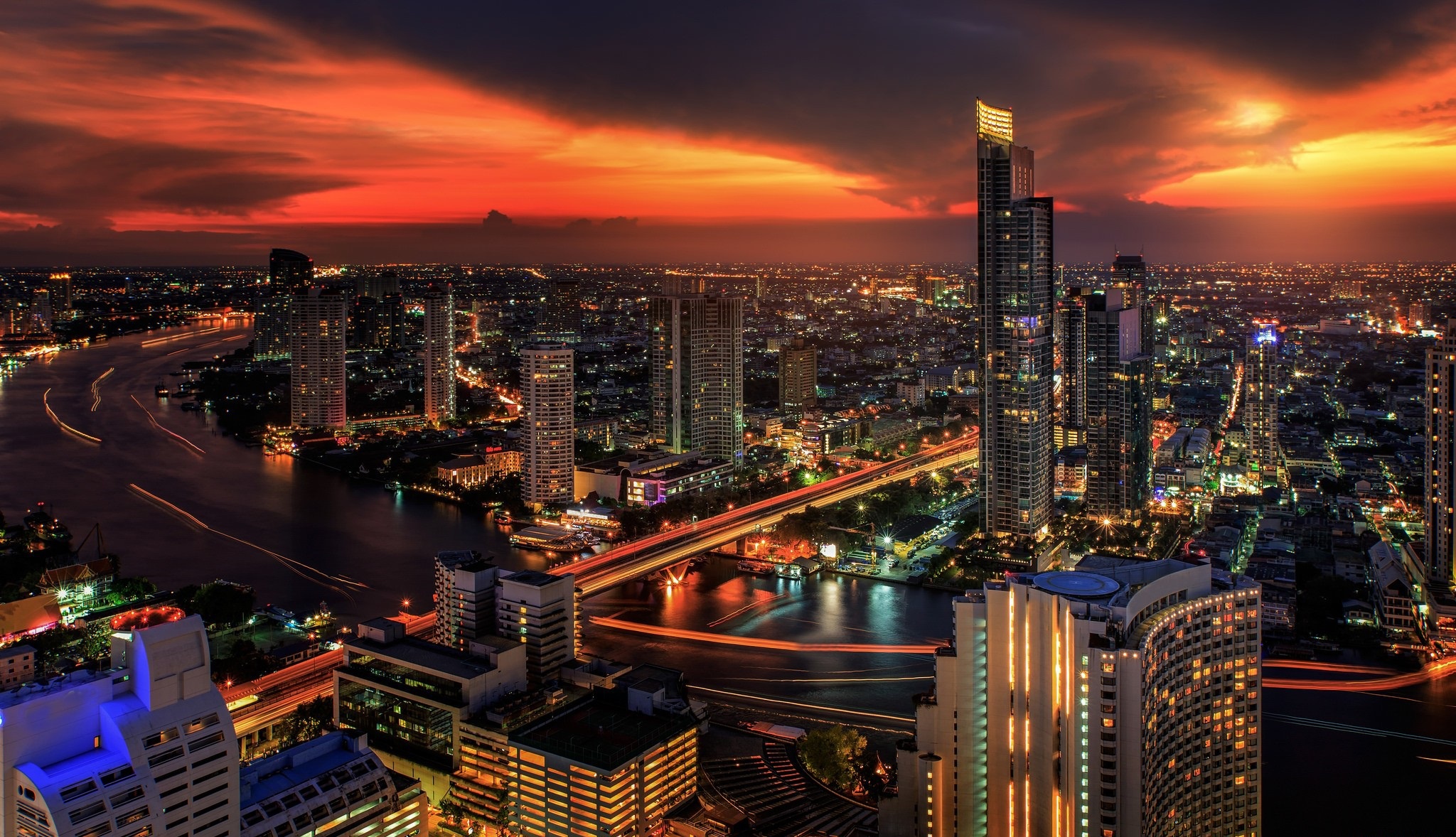 PCデスクトップに都市, 街, 超高層ビル, 建物, タイ, 夜, バンコク, マンメイド, 街並み画像を無料でダウンロード