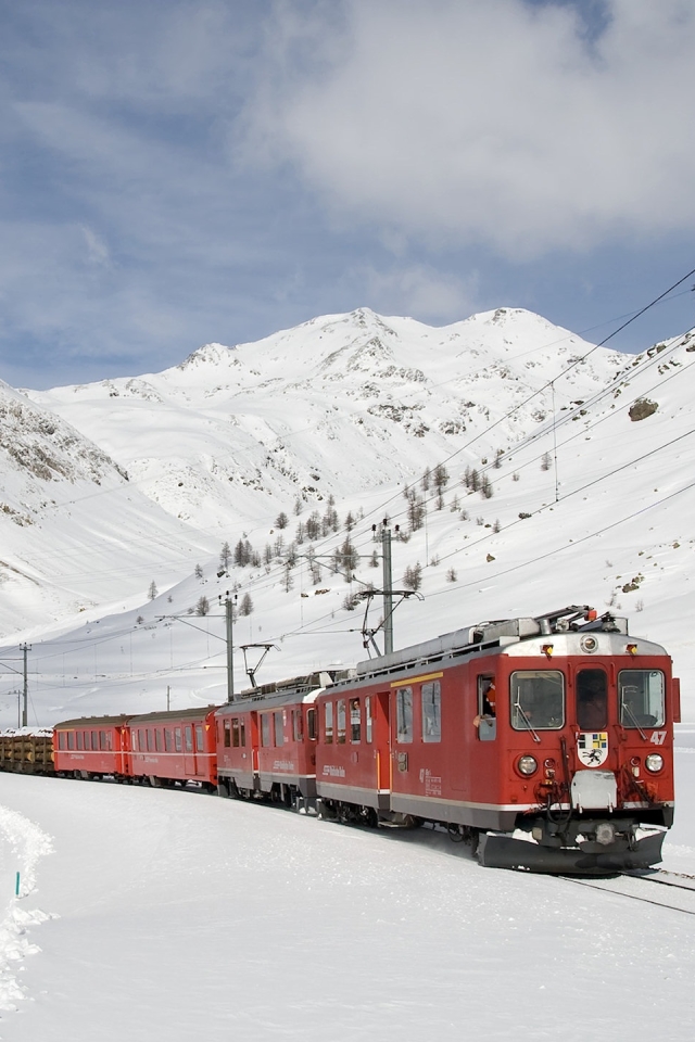 Download mobile wallpaper Winter, Snow, Mountain, Train, Vehicle, Vehicles, Electric Train for free.