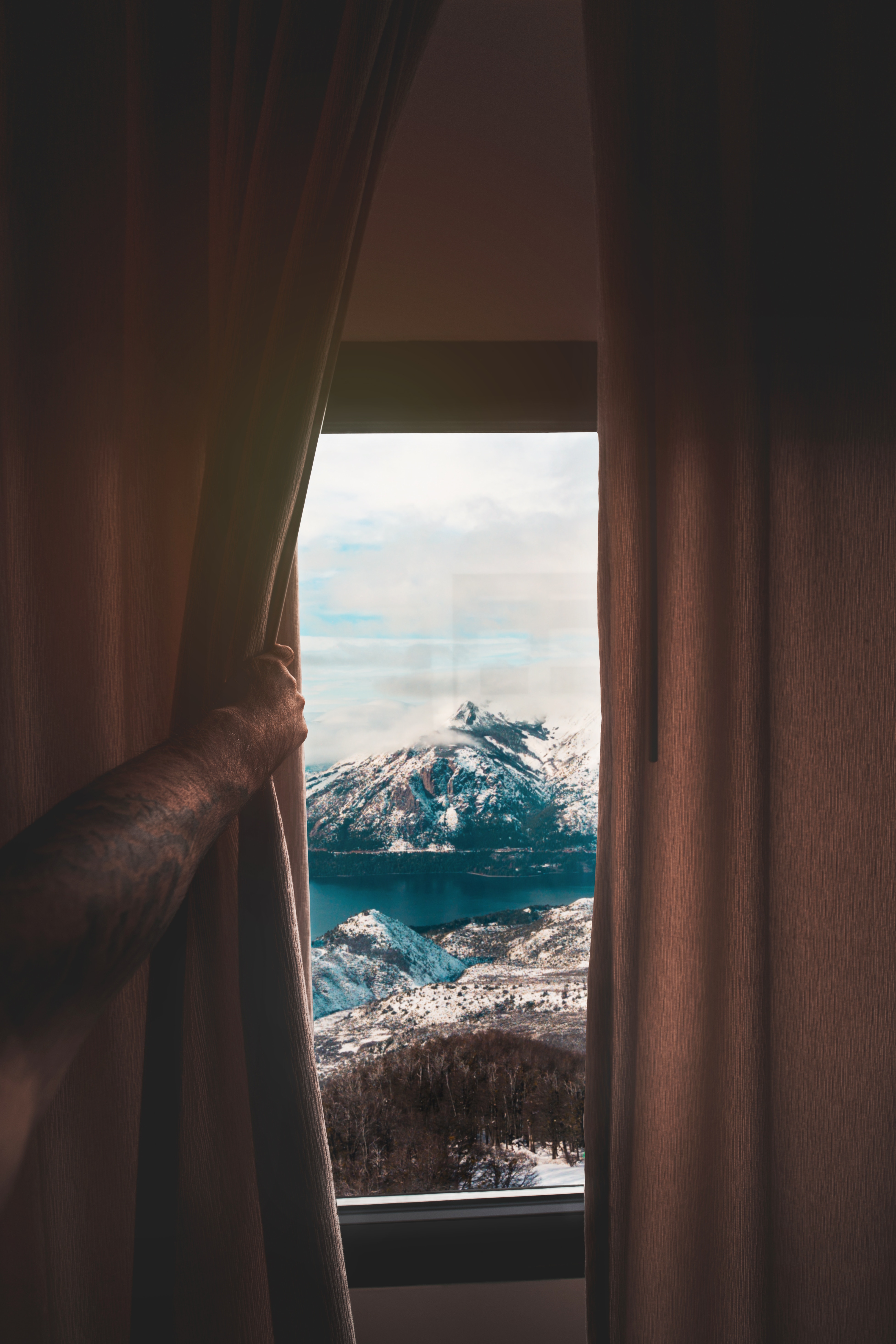 Download mobile wallpaper Curtain, View, Nature, Window, Mountains for free.