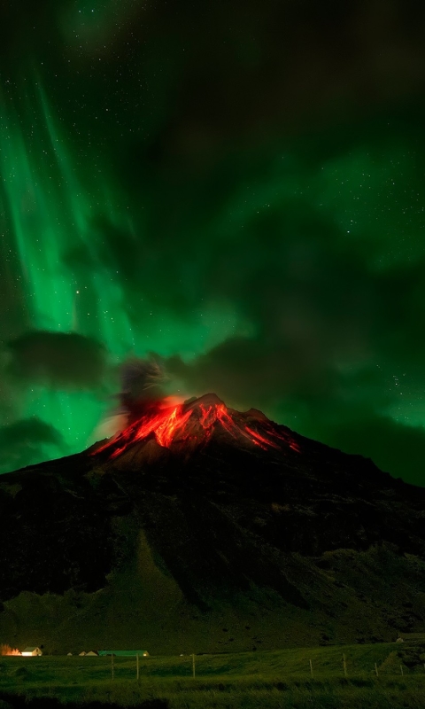 Download mobile wallpaper Starry Sky, Earth, Aurora Borealis, Volcano, Lava, Eruption, Volcanoes for free.