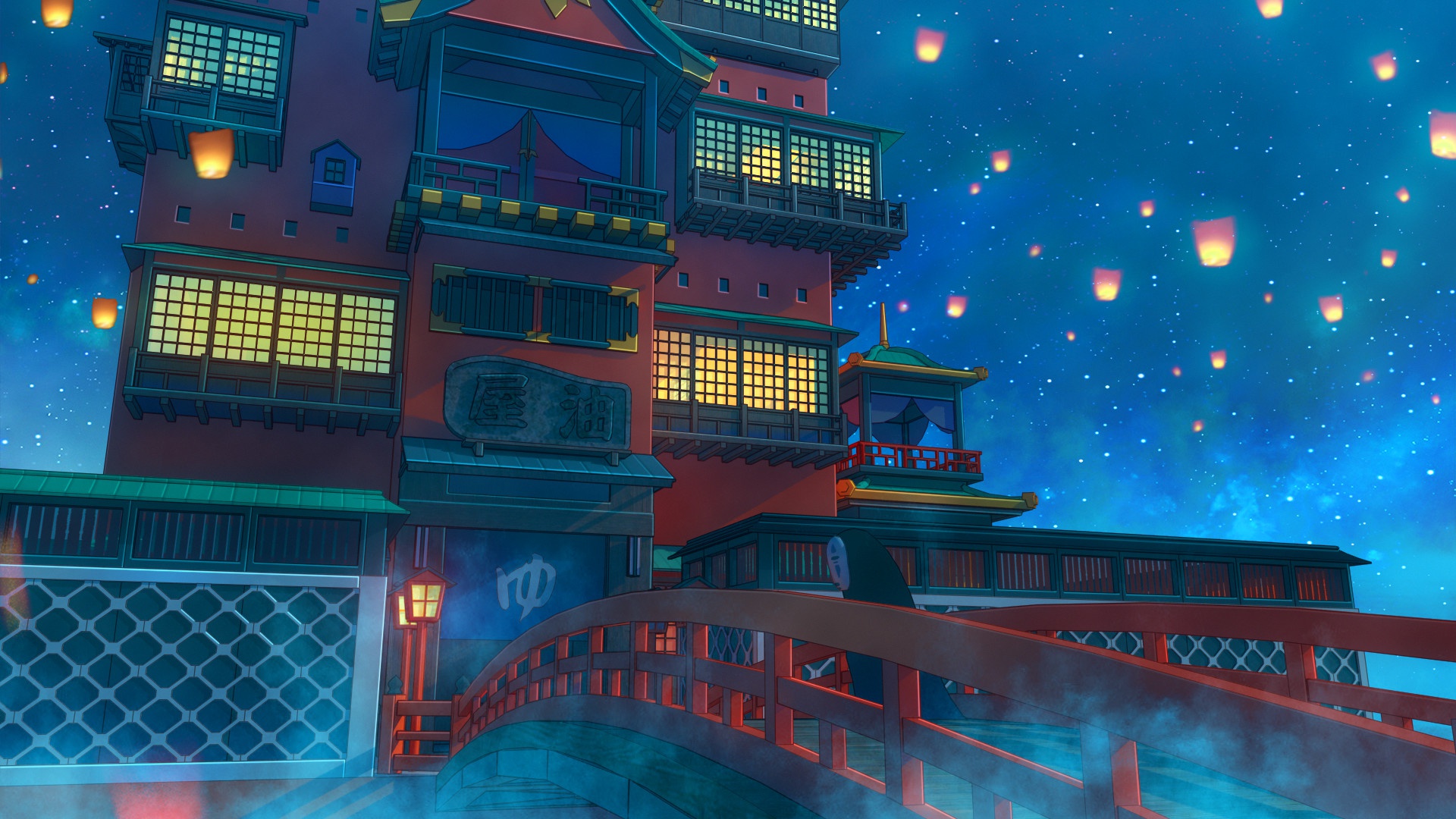 Handy-Wallpaper Gebäude, Nacht, Animes, Chihiros Reise Ins Zauberland kostenlos herunterladen.