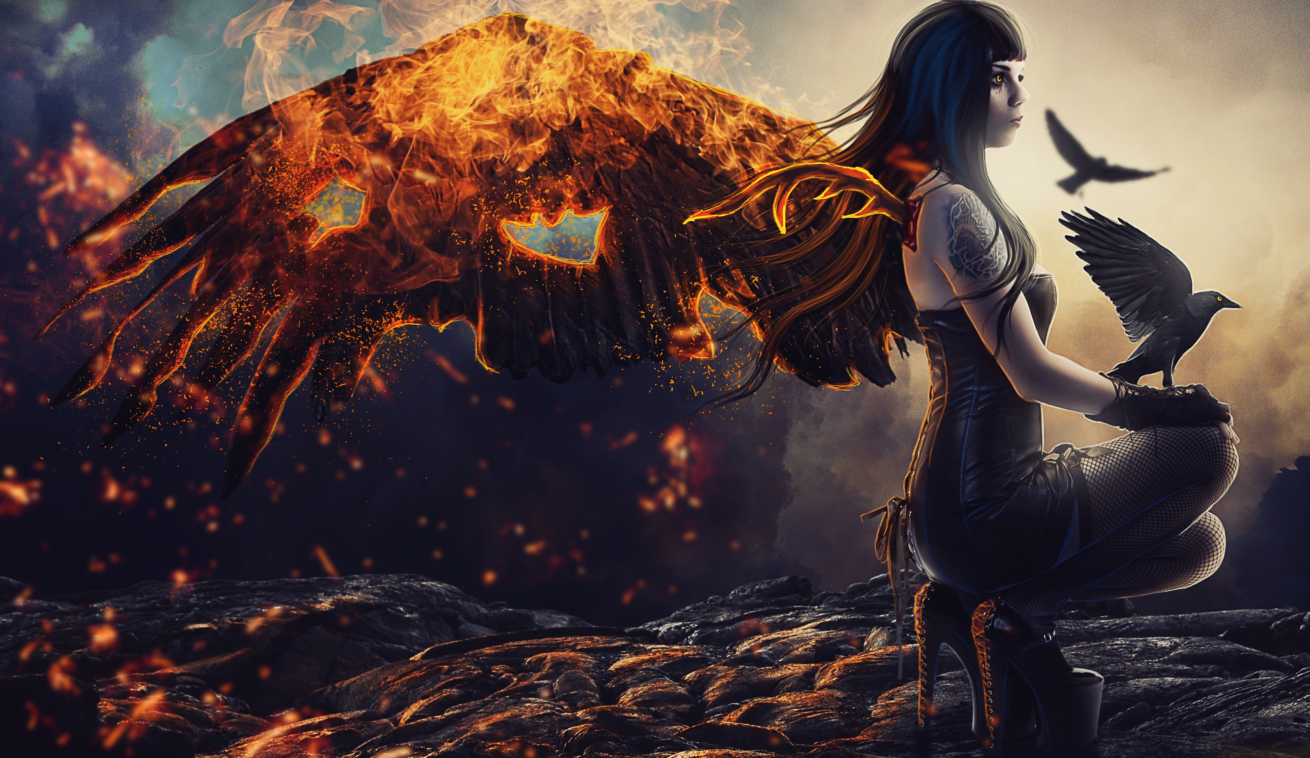 Free download wallpaper Gothic, Dark, Tattoo, Wings, Angel, Crow, Black Hair on your PC desktop