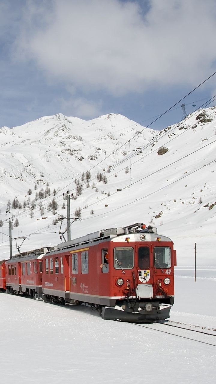 Download mobile wallpaper Winter, Snow, Mountain, Train, Vehicle, Vehicles, Electric Train for free.
