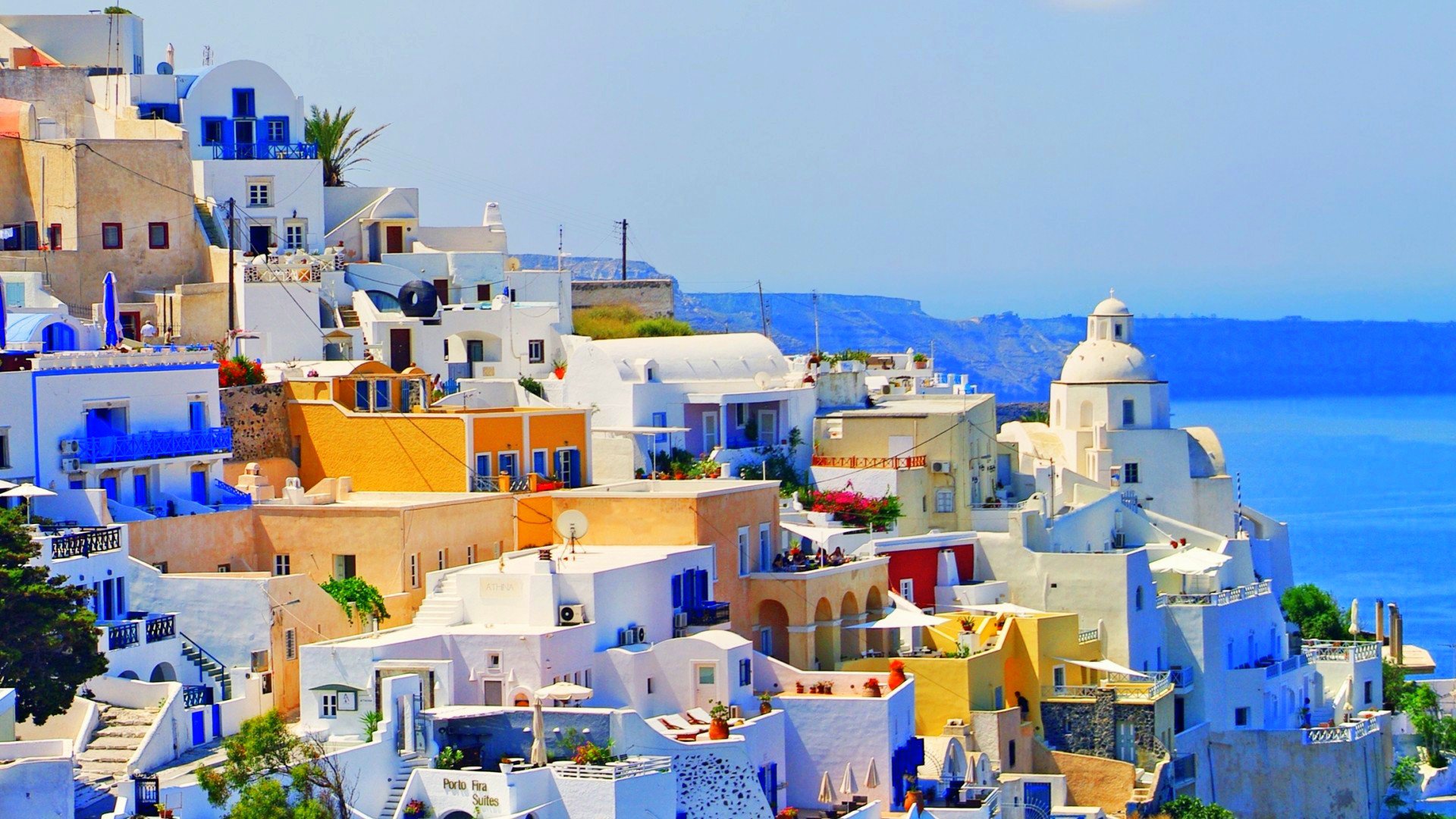 bright, santorini, man made, architecture, church, colors, greece, house, towns